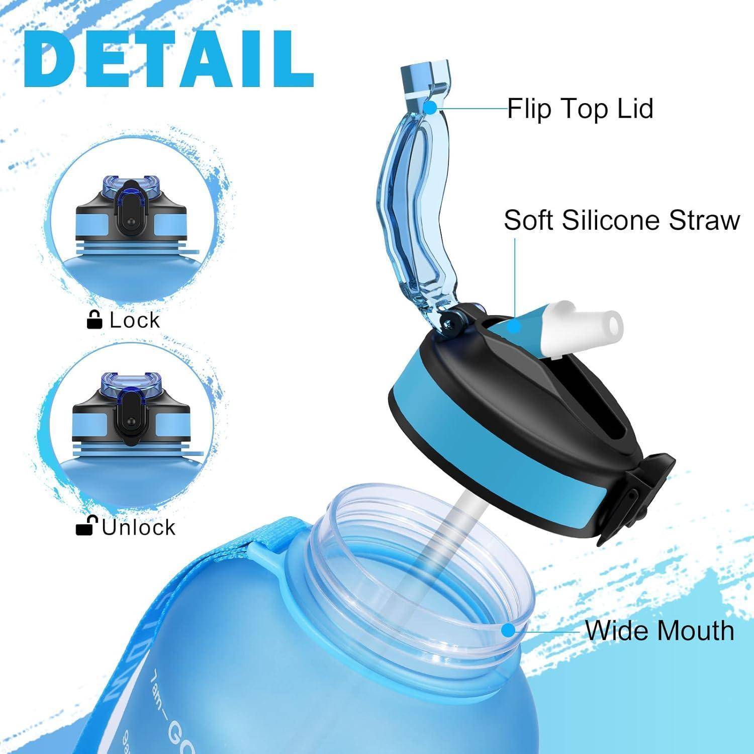 Blaue Wasserflasche mit Klappdeckel, weichem Silikonstrohhalm, großer Öffnung und Verschluss-/Entriegelungsmechanismus für sicheren Verschluss.