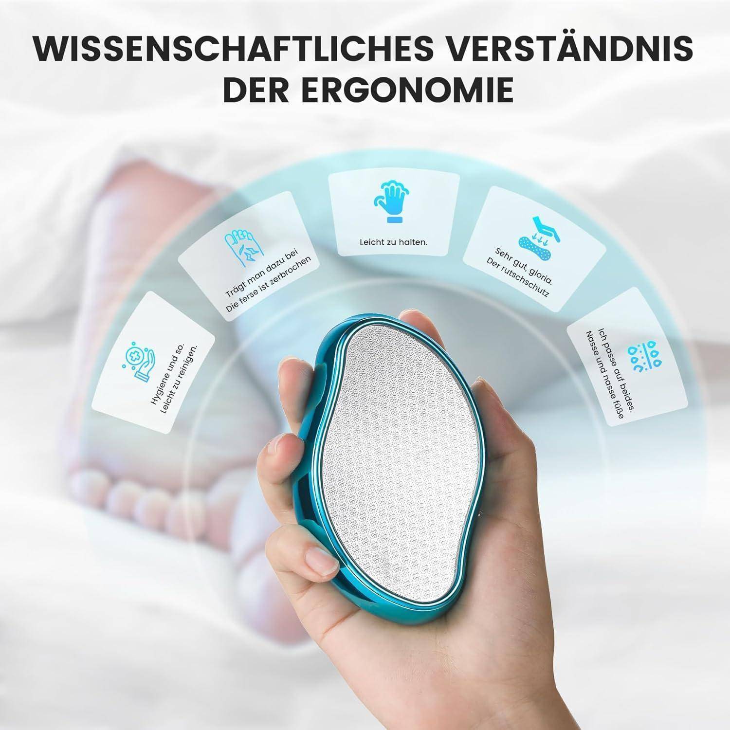 Eine Hand hält ein ergonomisches Gerät. Text auf Deutsch hebt Konzepte wie ‚leicht zu halten' und ‚angenehm' hervor.