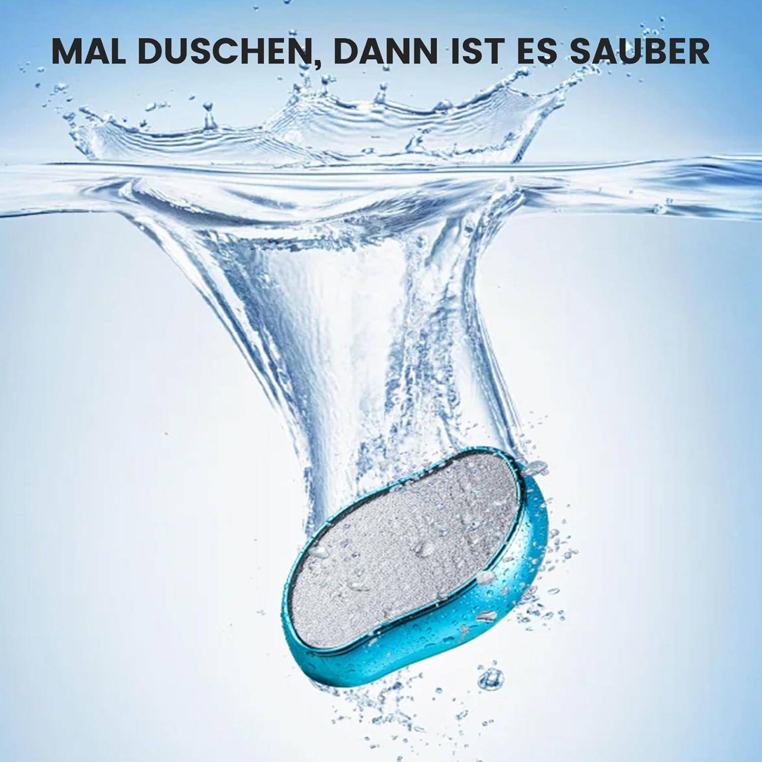 A bar of soap splashing into water with German text above that reads 'Mal duschen, dann ist es sauber