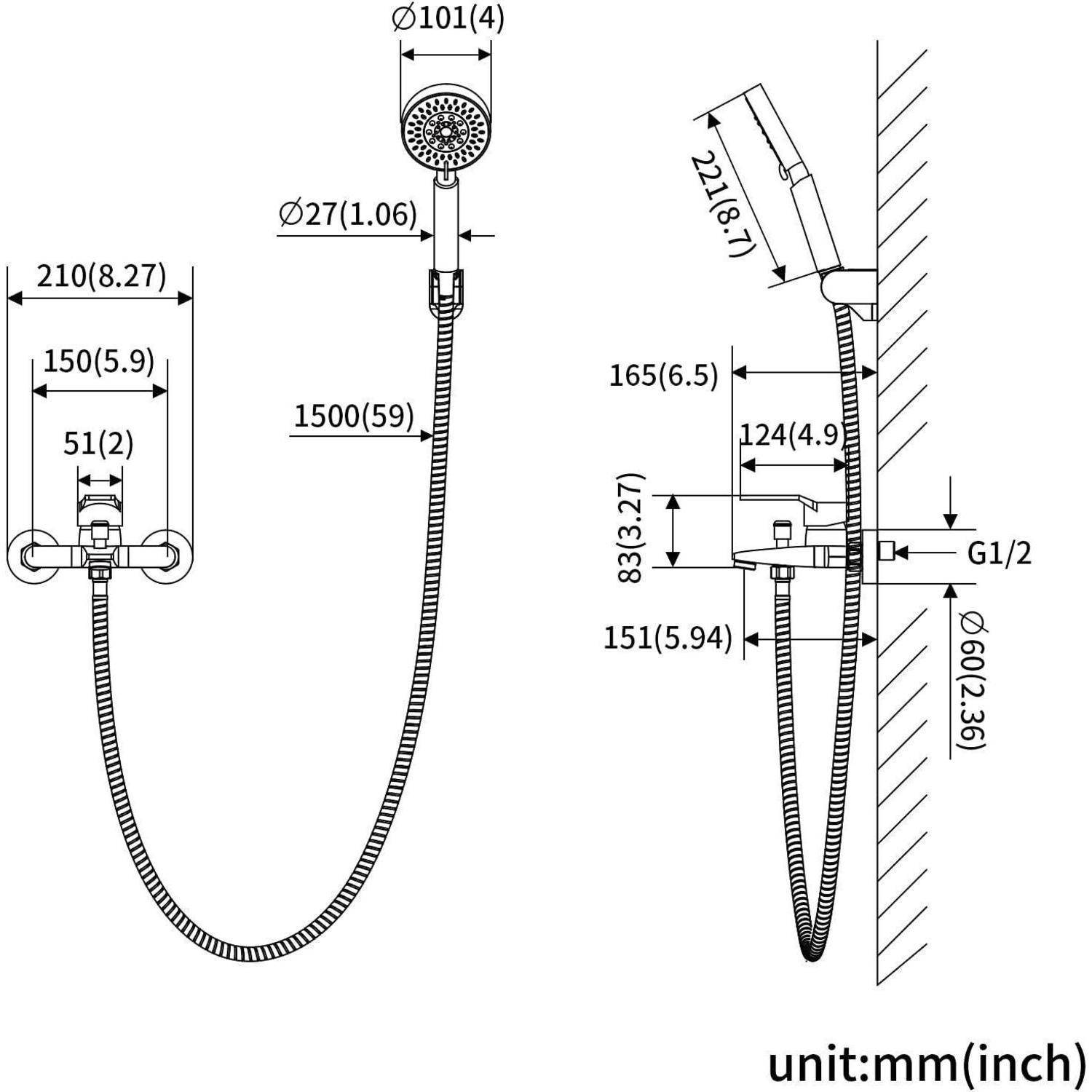 Duschkopf-Diagramm mit Abmessungen in Millimetern und Zoll, mit einer wandmontierter Konstruktion und einem Handbrause-Anbau.