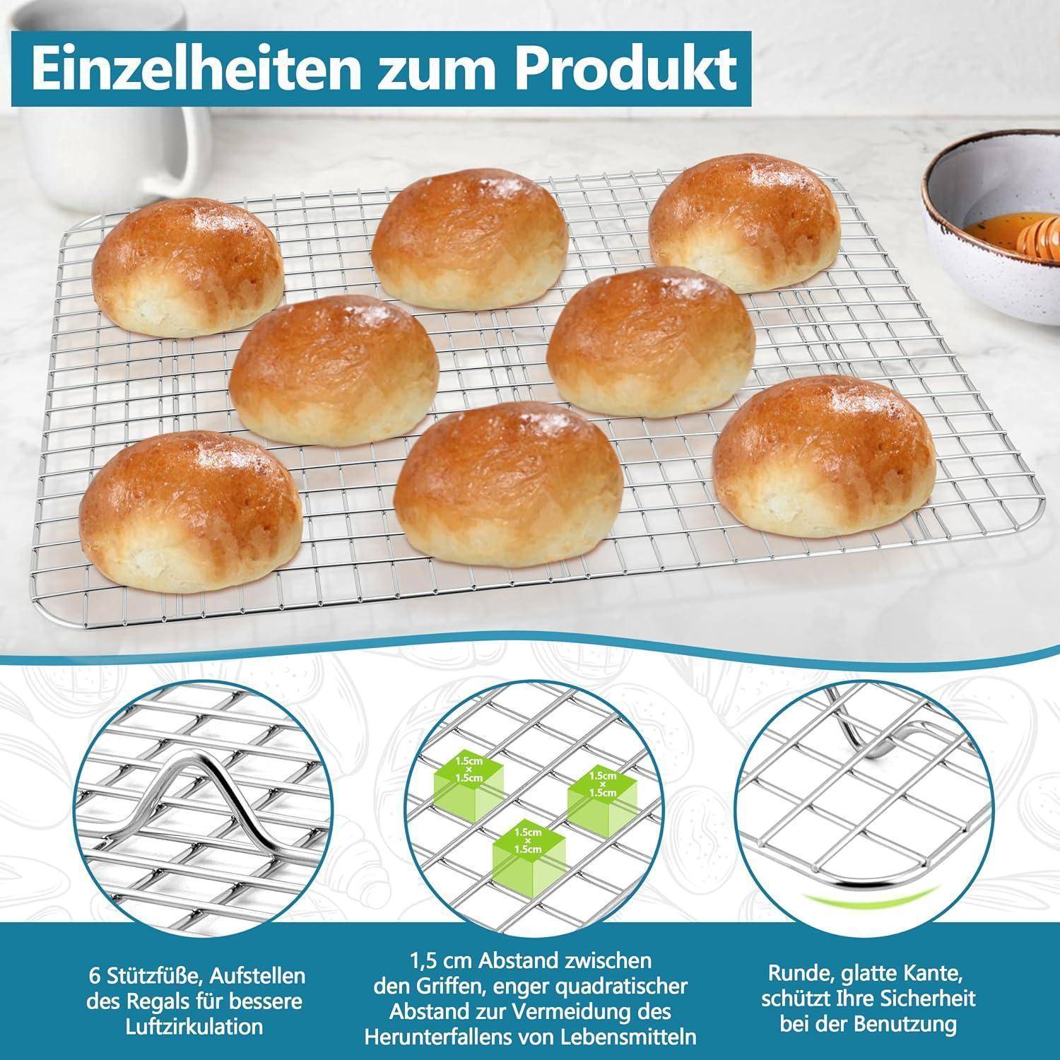 Brötchen auf einem Kühlregal mit Standfüßen und Gittermuster, Produktmerkmale werden präsentiert