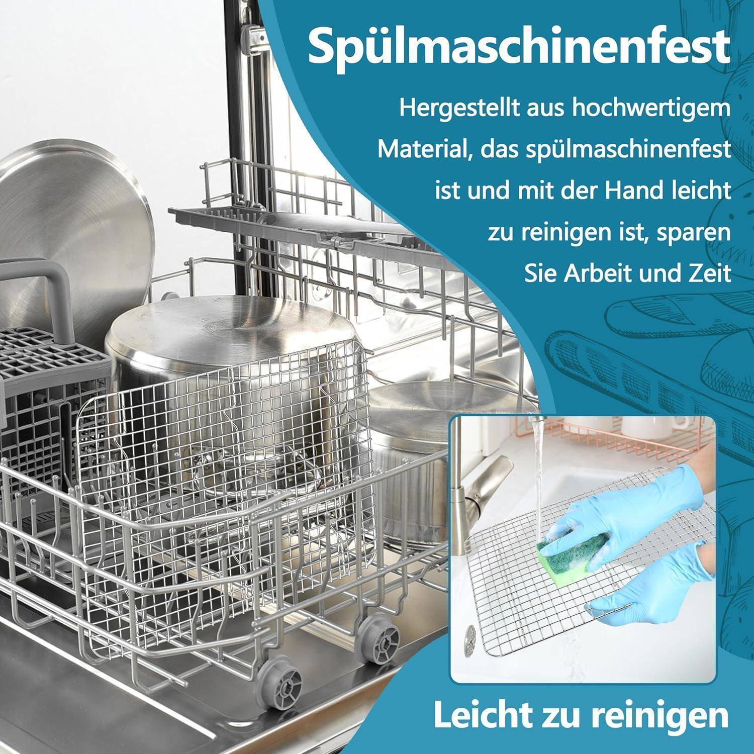 Spülmaschinenfest. Aus hochwertigem Material gefertigt, einfache Handreinigung spart Zeit und Mühe.' Bild zeigt Geschirrspülergestelle mit Besteck.