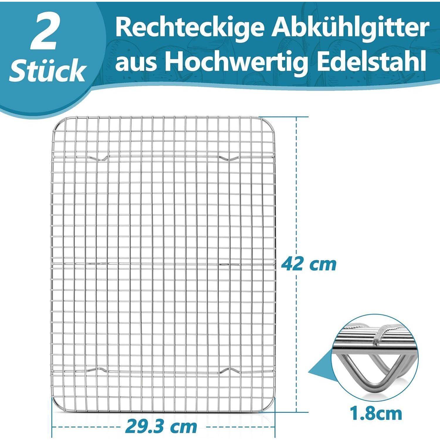 Zwei Kühlroste aus Edelstahl in rechteckiger Form, jeweils 42 cm x 29,3 cm groß, mit Gitterdesign und 1,8 cm Drahtdicke.