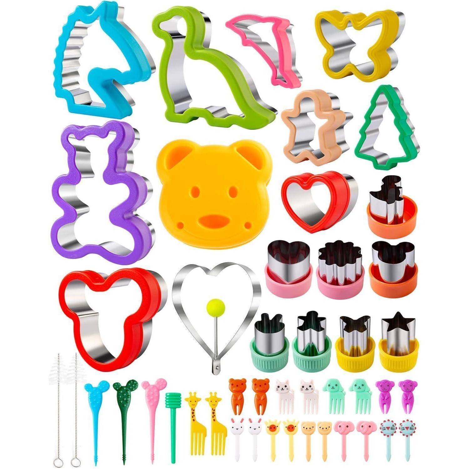 Buntes Set mit Ausstechformen und Lebensmittelspießen für Tiere und Formen, einschließlich Dinosaurier, Teddybär, Herz, Schmetterling, für kreatives Backen.