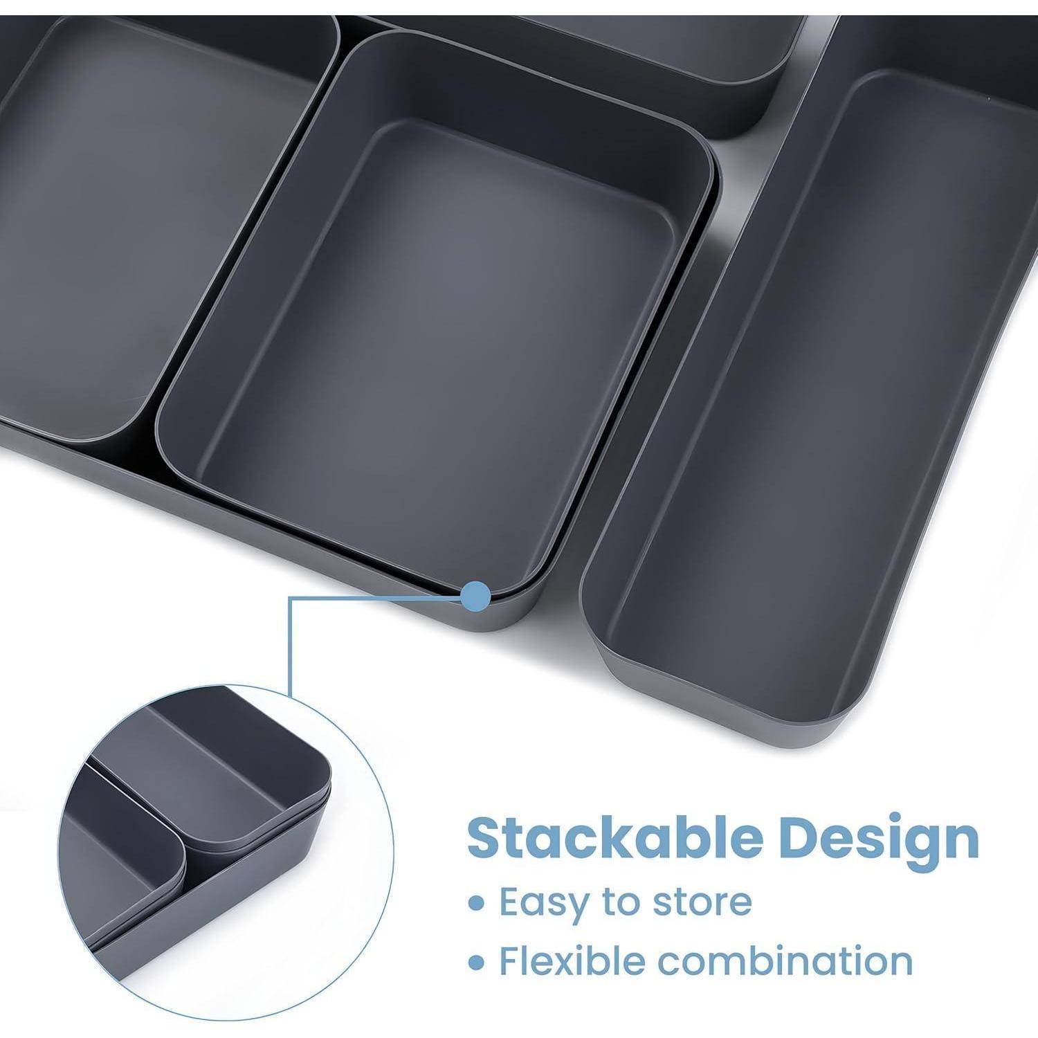 Stapelbare Design-Behälter mit einer Mischung aus rechteckigen und Abteilungssektionen gezeigt. Beschriftet als „Leicht zu lagern, flexible Kombination