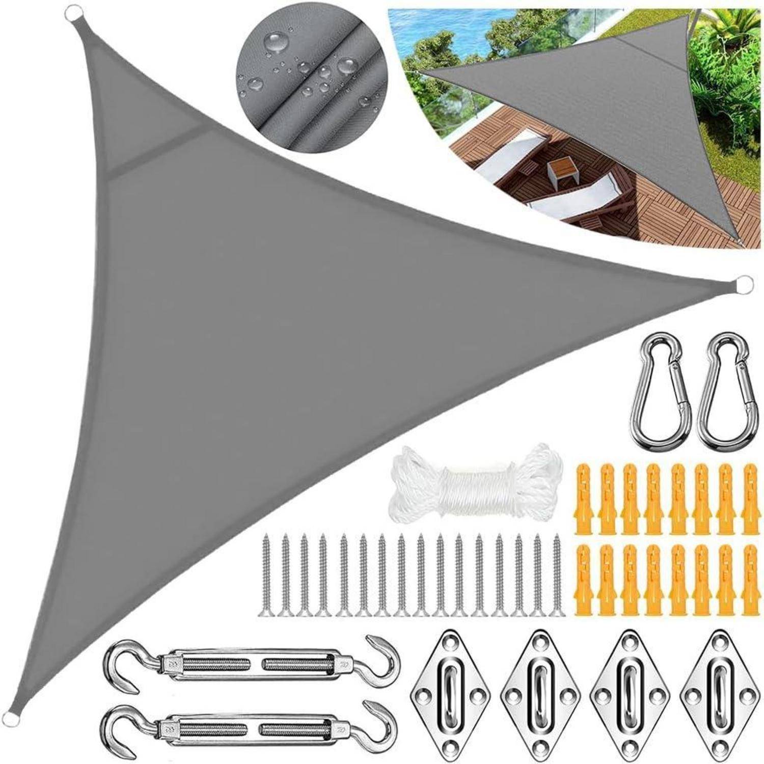 Ein dreieckiges graues Sonnensegel mit Installationszubehör und Befestigungsmaterial, dargestellt über einer Terrasse. Einschub zeigt wasserabweisendes Gewebe.