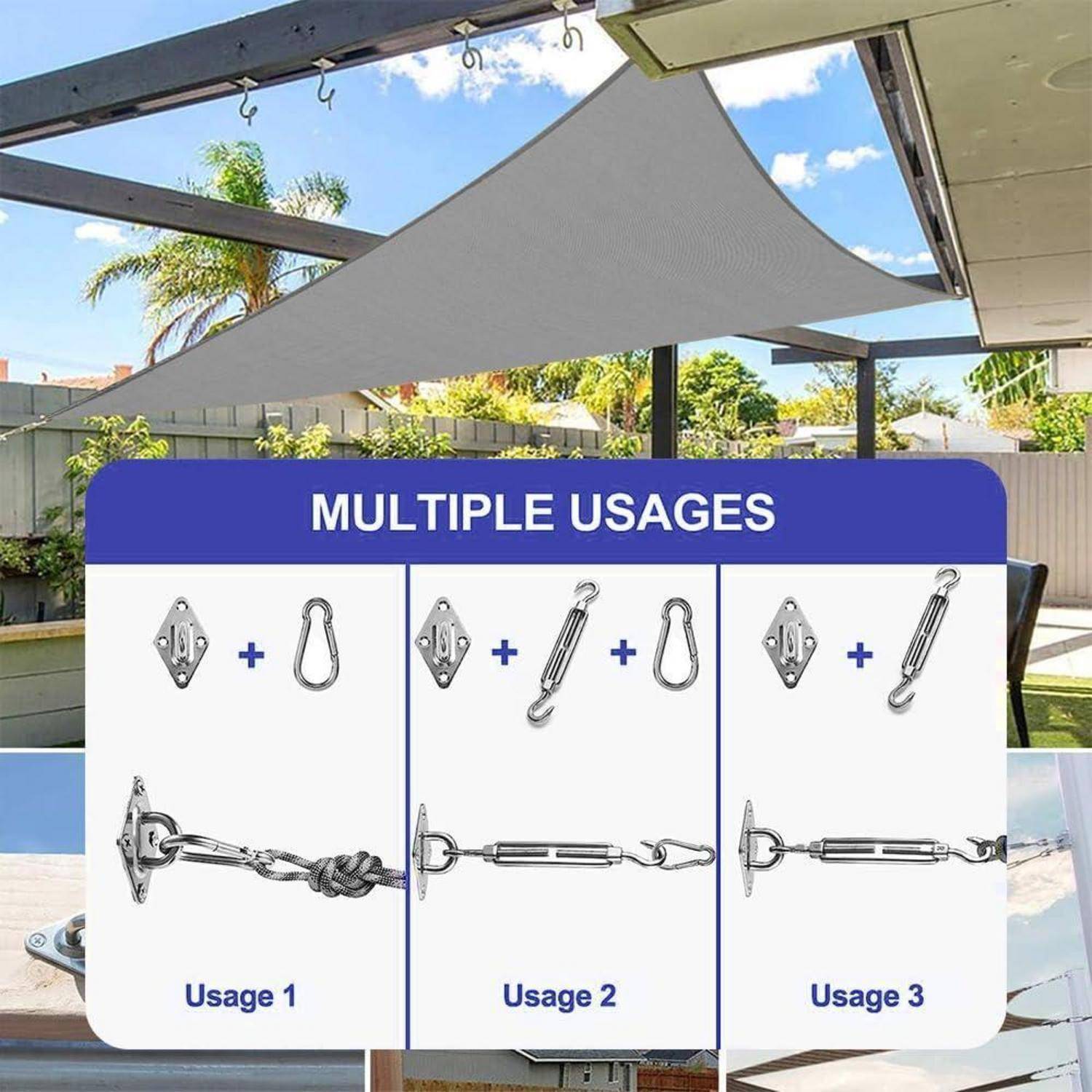 Mehrfache Verwendungsmöglichkeiten von Metallbeschlägen zum Aufhängen, einschließlich Wandhaken, Karabinern, Spannschlössern und Stahlseilen, in einer Terrassenszenerie dargestellt.