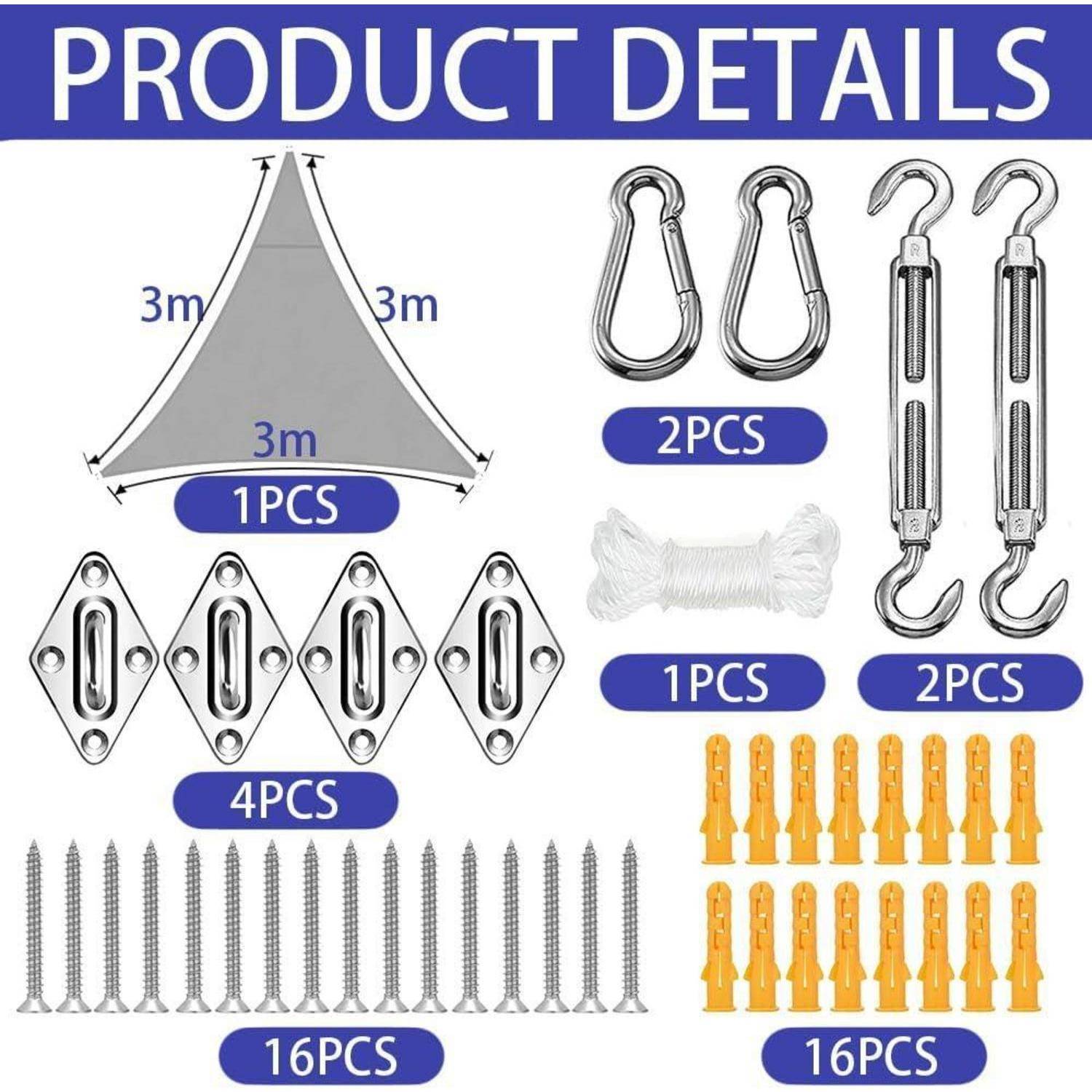 Sonnensegel Set enthält: 1 Sonnensegel (3m Seiten), 2 Karabiner, 1 Seil, 2 Spannschlösser, 4 Befestigungsösen, 16 Schrauben, 16 Dübel.