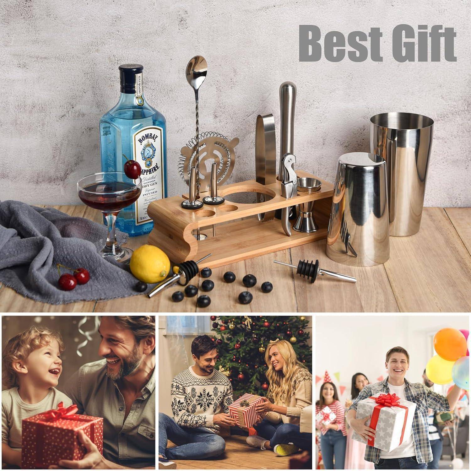 Cocktail-Set mit Gin, Zitrone, Kirschen und Geschenkszenen im Hintergrund mit Menschen, die Geschenke austauschen. Text lautet 
