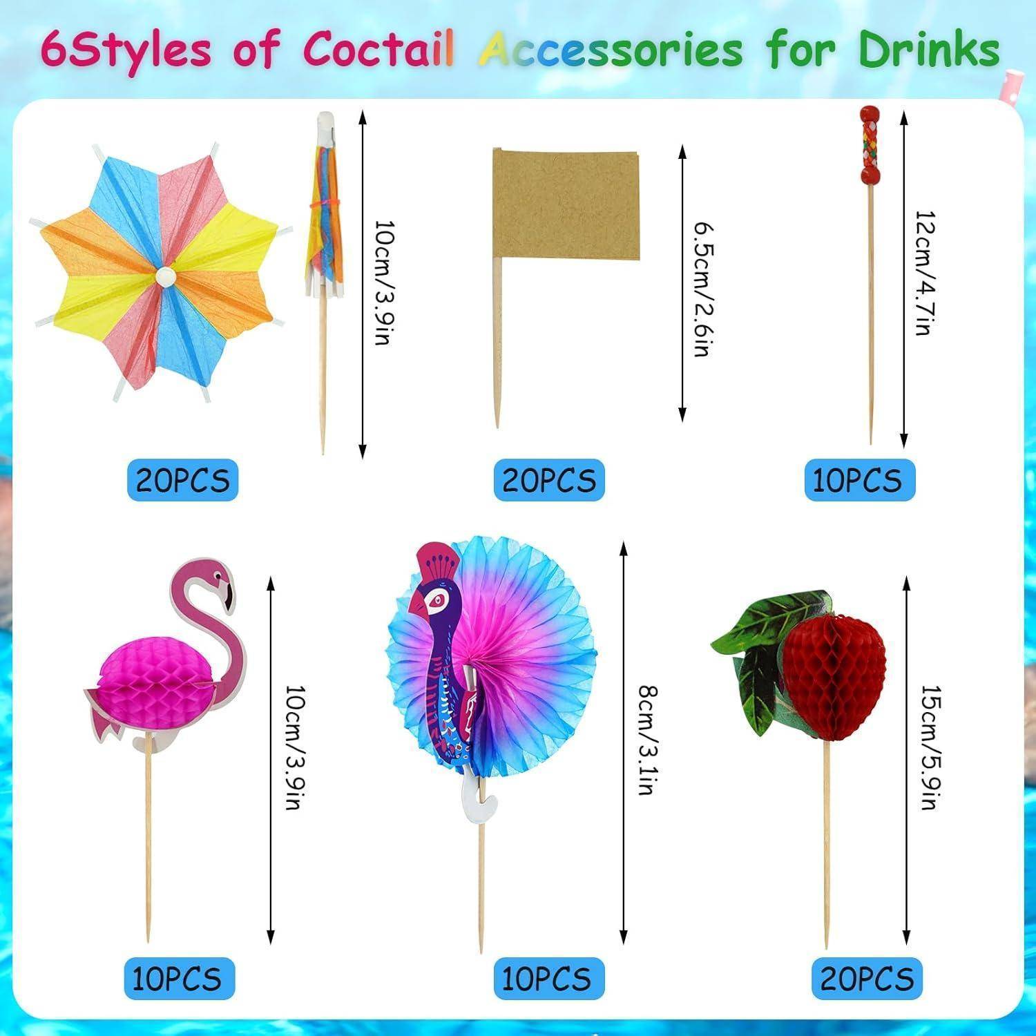 6 Stile von Cocktail-Accessoires für Getränke: umfasst Schirm-, Flaggen-, Frucht-, Flamingo-, Pfau- und Erdbeer-Designs in verschiedenen Größen.