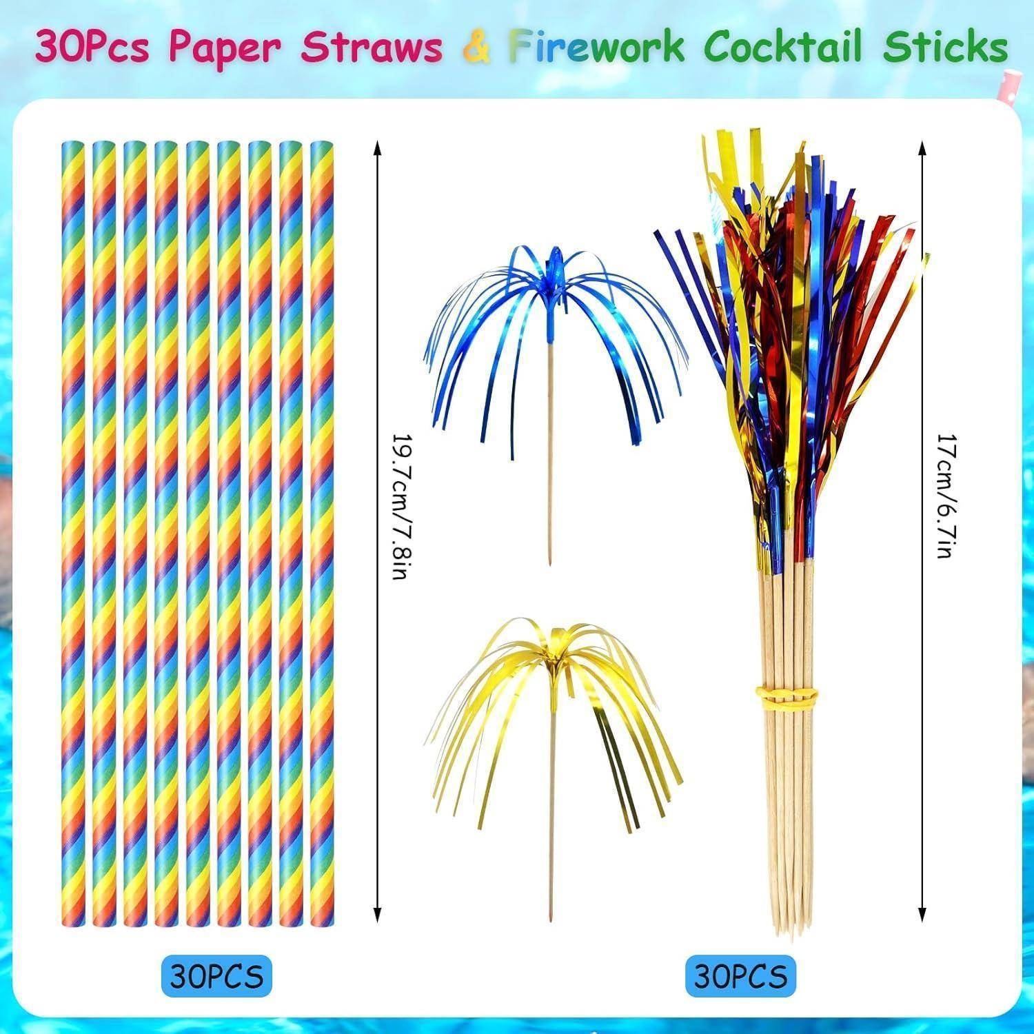 30-teiliges Papierstrohhalme & Feuerwerk-Cocktailsticks' Set: Bunte gestreifte Strohhalme und glänzende Feuerwerk-Sticks präsentiert mit Abmessungen.