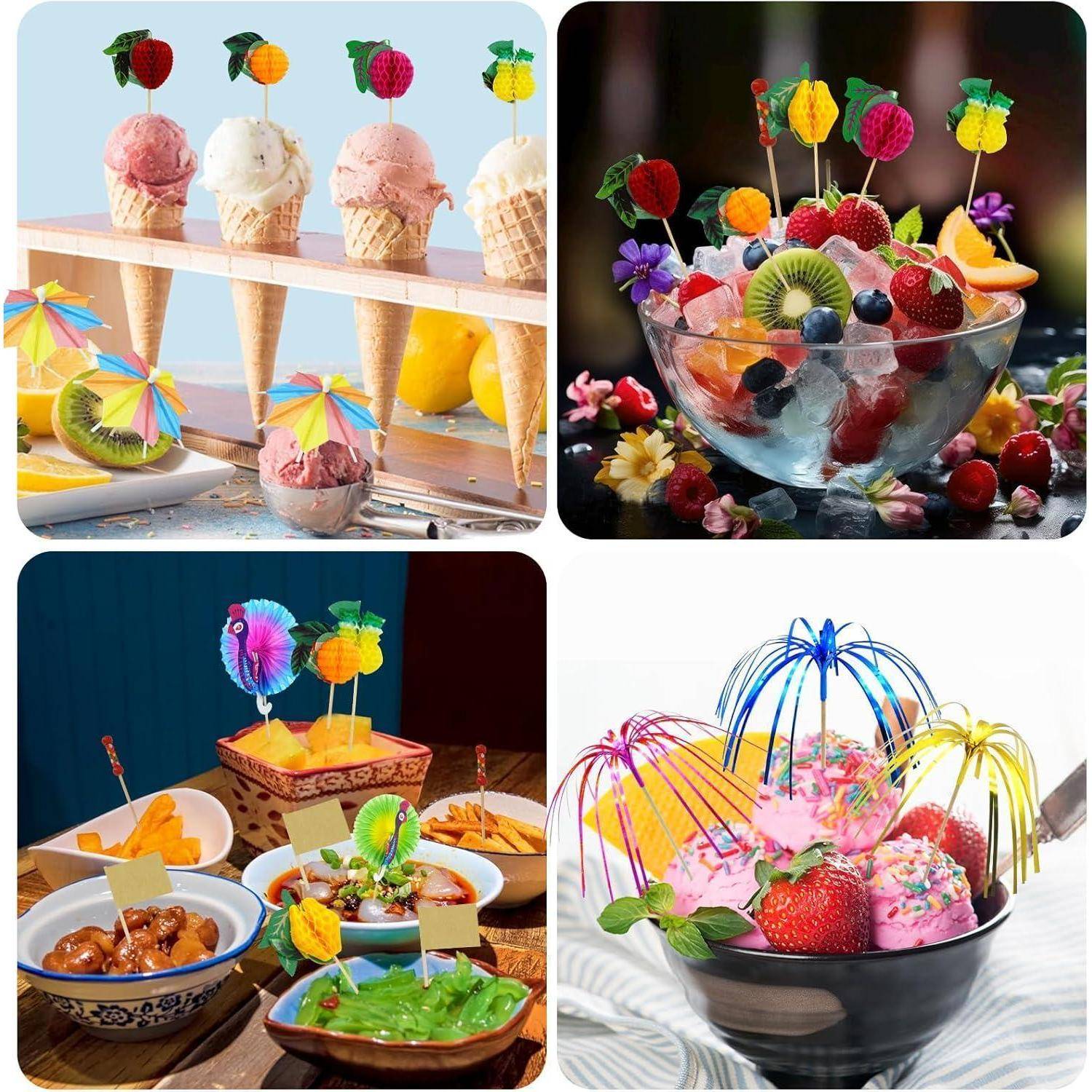 Vier Bilder, die farbenfrohe Obst- und Dessertpräsentationen zeigen: Eistüten mit Obst obenauf, einen Obstsalat, tropisch gestaltete Desserts und eine Schüssel Eis mit Obst und dekorativen Sonnenschirmen.