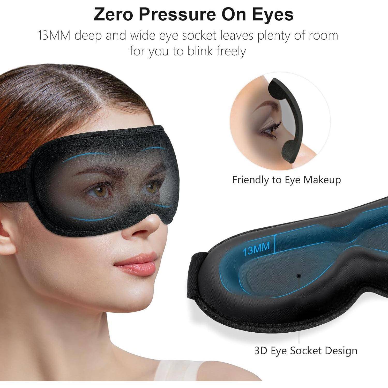 Schlafbrille mit einer 13 mm tiefen Aussparung, die makeup-freundlich gestaltet ist und Platz zum Blinzeln lässt. Zeigt Seitenansichten der Maske.