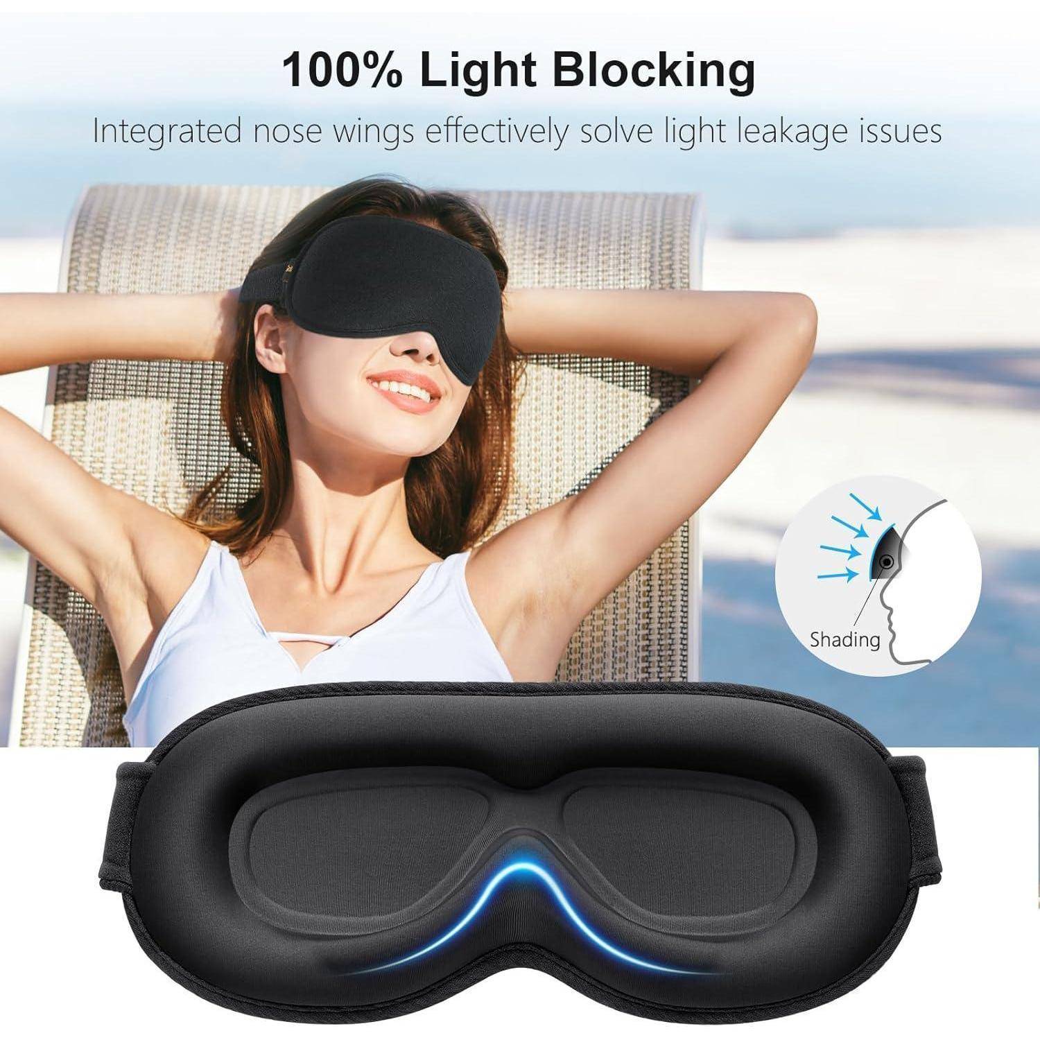 Eine Person trägt eine schwarze Schlafmaske im Freien. Text lautet „100% Lichtblockierung