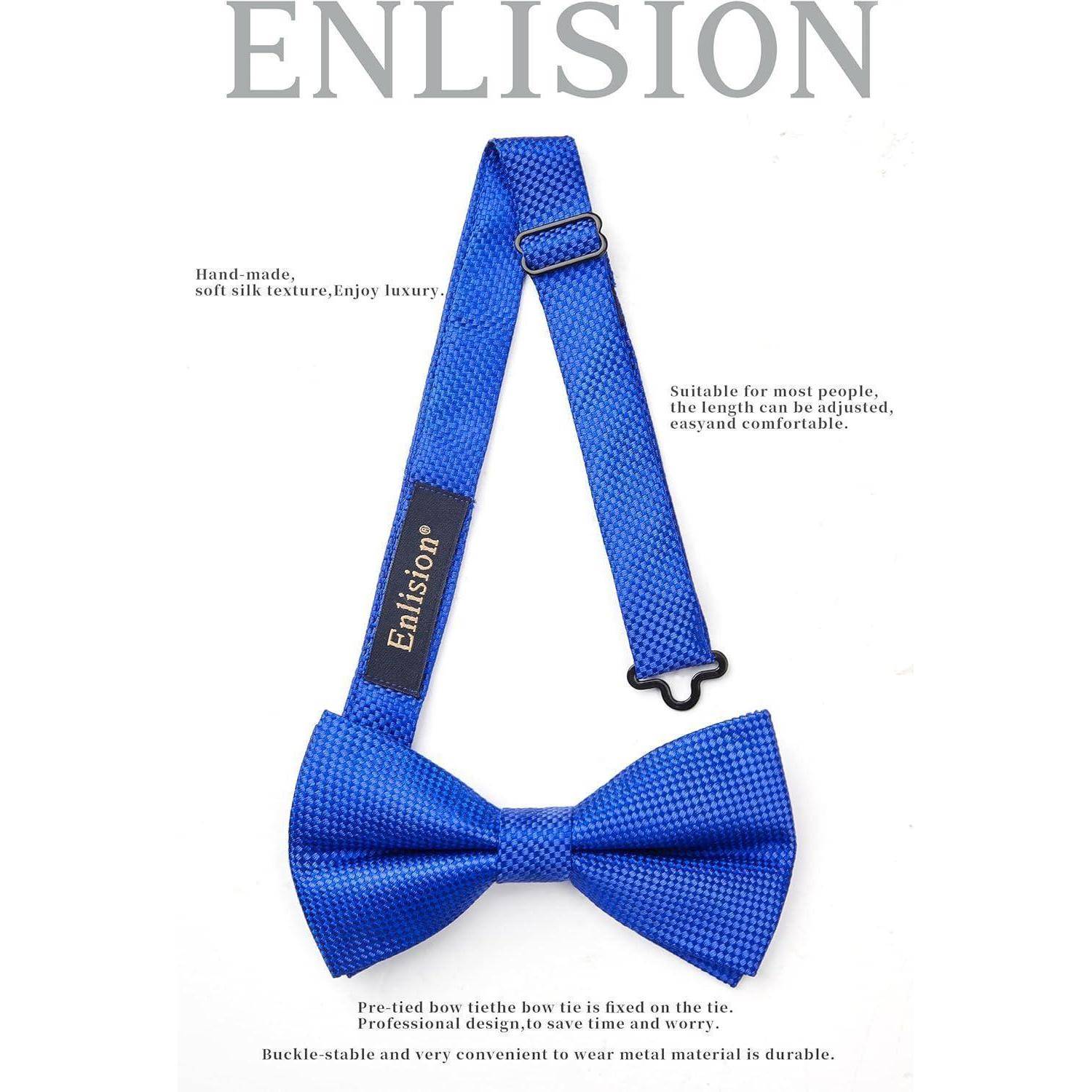 Eine blaue Fliege mit verstellbarem Riemen, beschriftet mit 'Enlision'. Wird als handgefertigt, weich, leicht einstellbar, bequem und langlebig beschrieben.