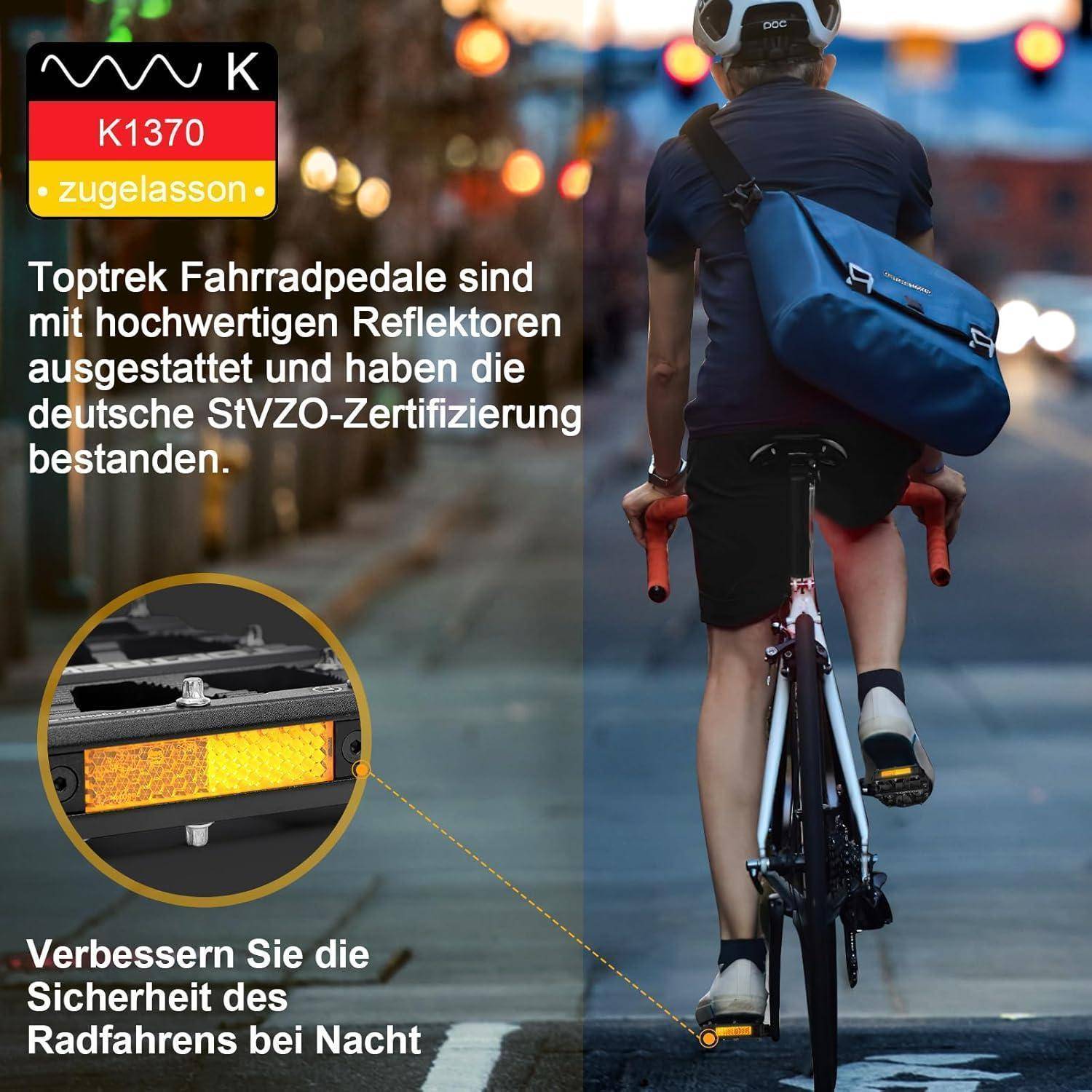Ein Radfahrer mit Kopfhörern fährt nachts Fahrrad. Ein hervorgehobenes Bild von Fahrradpedalen mit Reflektoren wird gezeigt, wobei die nächtliche Sicherheit betont wird. Der deutsche Text erwähnt hochwertige Reflektoren und Zertifizierung.