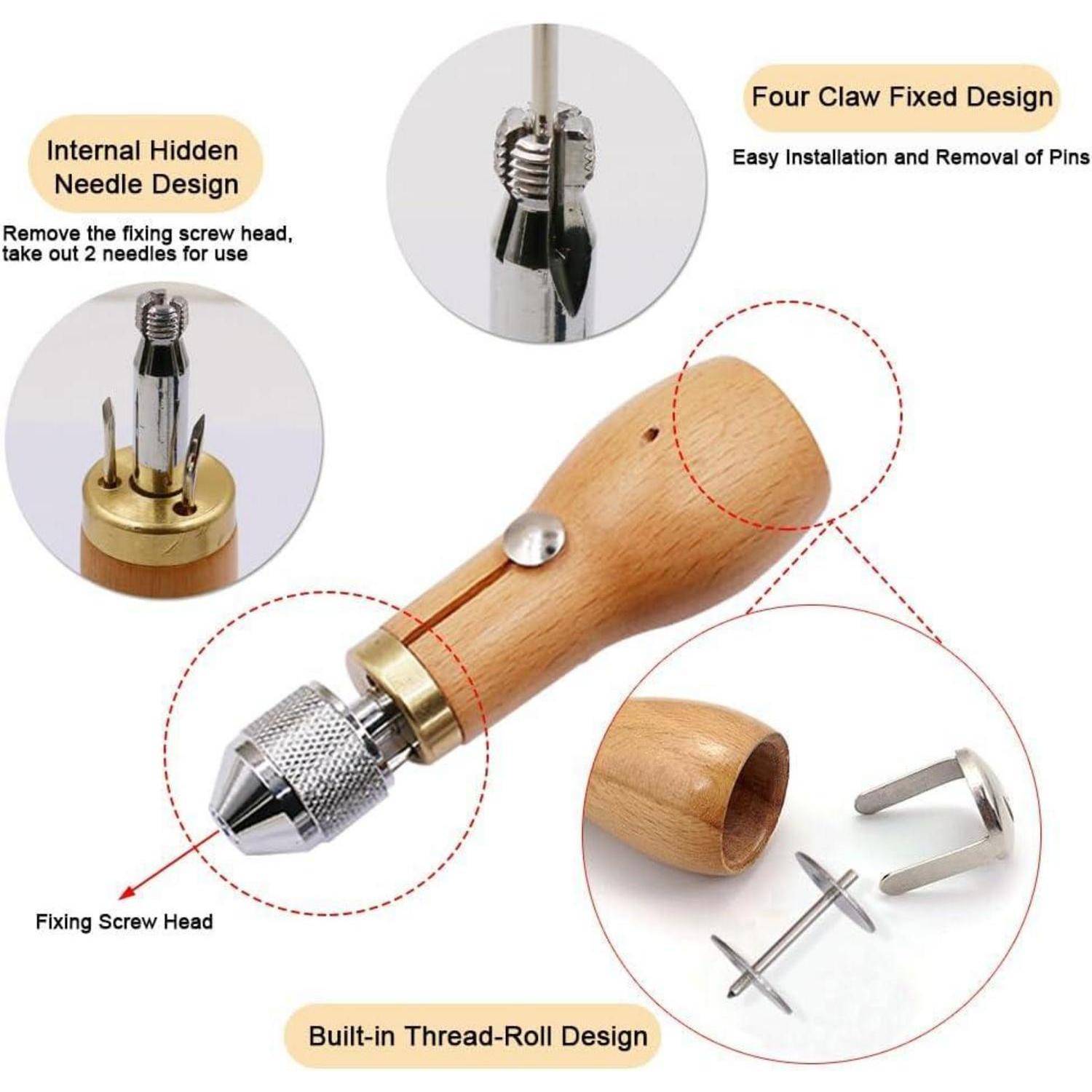 Werkzeug mit Holzgriff, versehen mit einer Metallbefestigungsschraube und einem internen, verdeckten Nadeldesign, das zum Entfernen von Pins verwendet wird und eine feststehende Vier-Klauen-Konstruktion sowie einen integrierten Gewinderolle-Mechanismus aufweist.