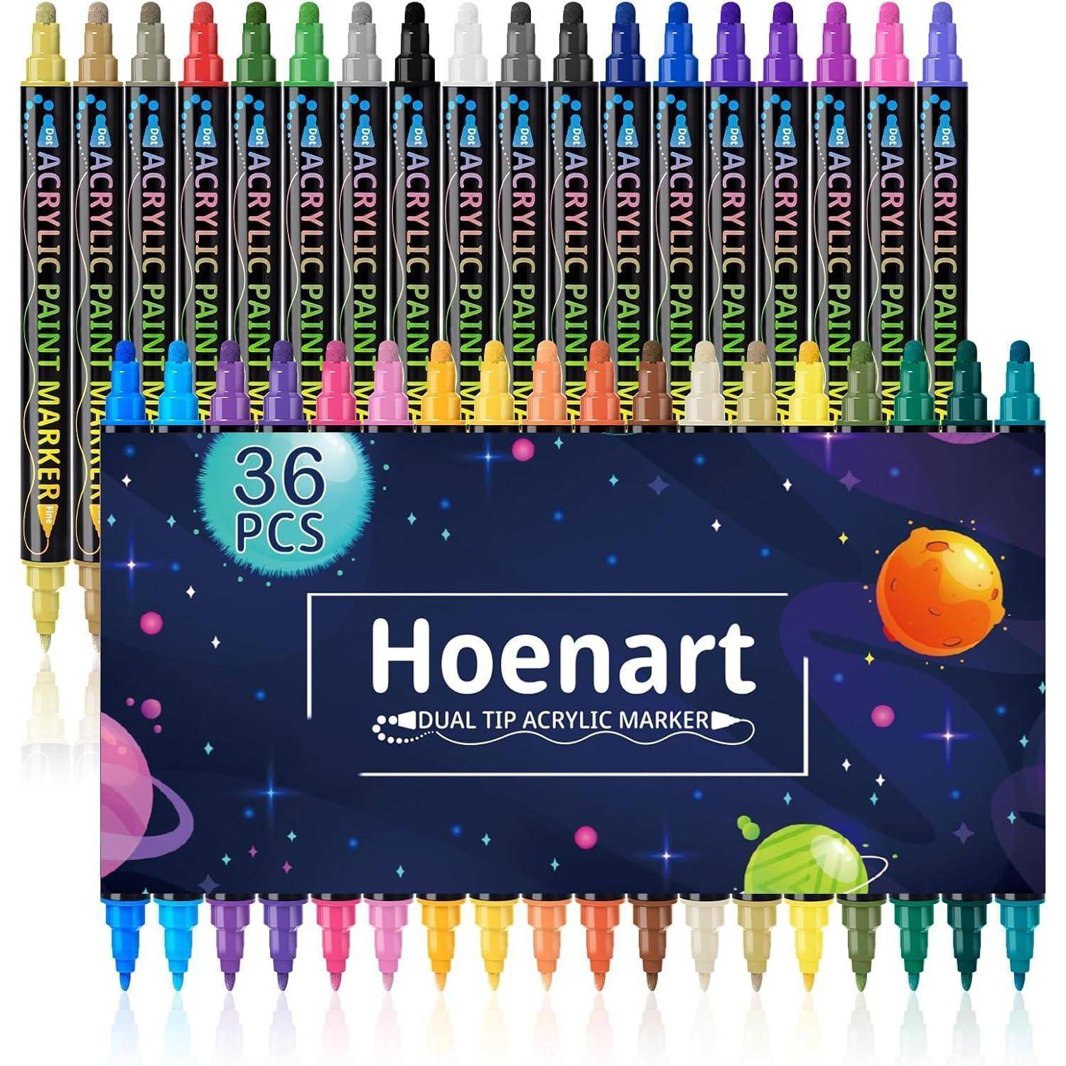 Set mit 36 Acrylmarkern in Doppelspitzenausführung in bunten Farbtönen, mit weltraumthematischer Verpackung, die Planeten und Sterne zeigt.