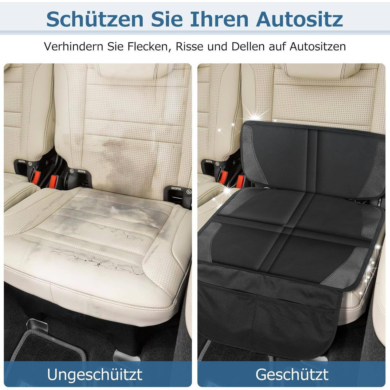 Links: Ungeschützter Kindersitz, schmutzig und fleckig; Rechts: Geschützter Kindersitz mit sauberer schwarzer Schutzabdeckung. Deutscher Text empfiehlt Kindersitzschutz.