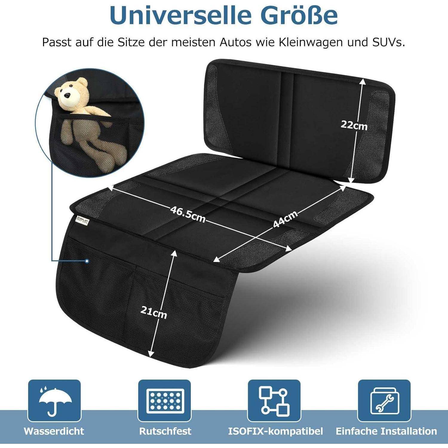 Universal Größe' Autositzschutz für Kleinwagen und SUVs. Merkmale umfassen wasserdicht, rutschfest, ISOFIX-kompatibel, einfache Installation. Abmessungen: 46,5 cm x 44 cm.