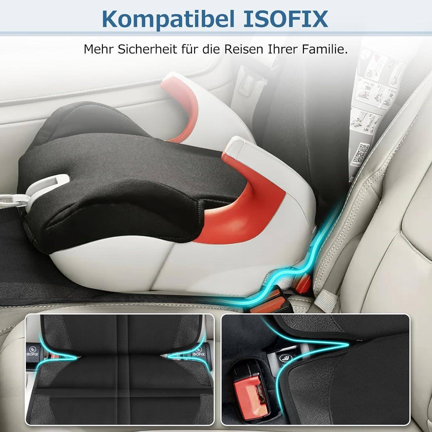 Ein Kindersitz mit ISOFIX-Kompatibilität, der in einem Auto gezeigt wird. Hervorgehobene Merkmale umfassen sichere Sitzverankerung und Sicherheitsanpassungen. Text: 'Mehr Sicherheit für die Reisen Ihrer Familie'.