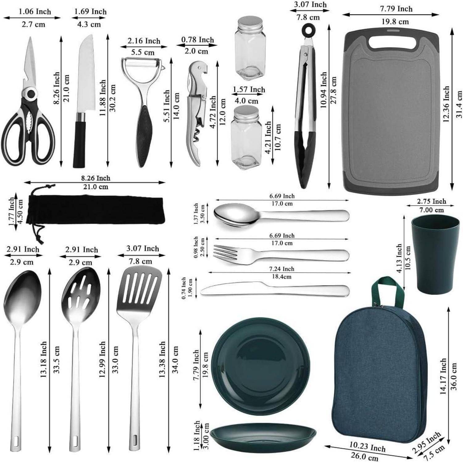 Camping-Küchenset mit Utensilien, Schere und Tellern. Enthält Löffel, Gabel, Messer-Set, Schäler, Korkenzieher, Zange und Tragetasche.