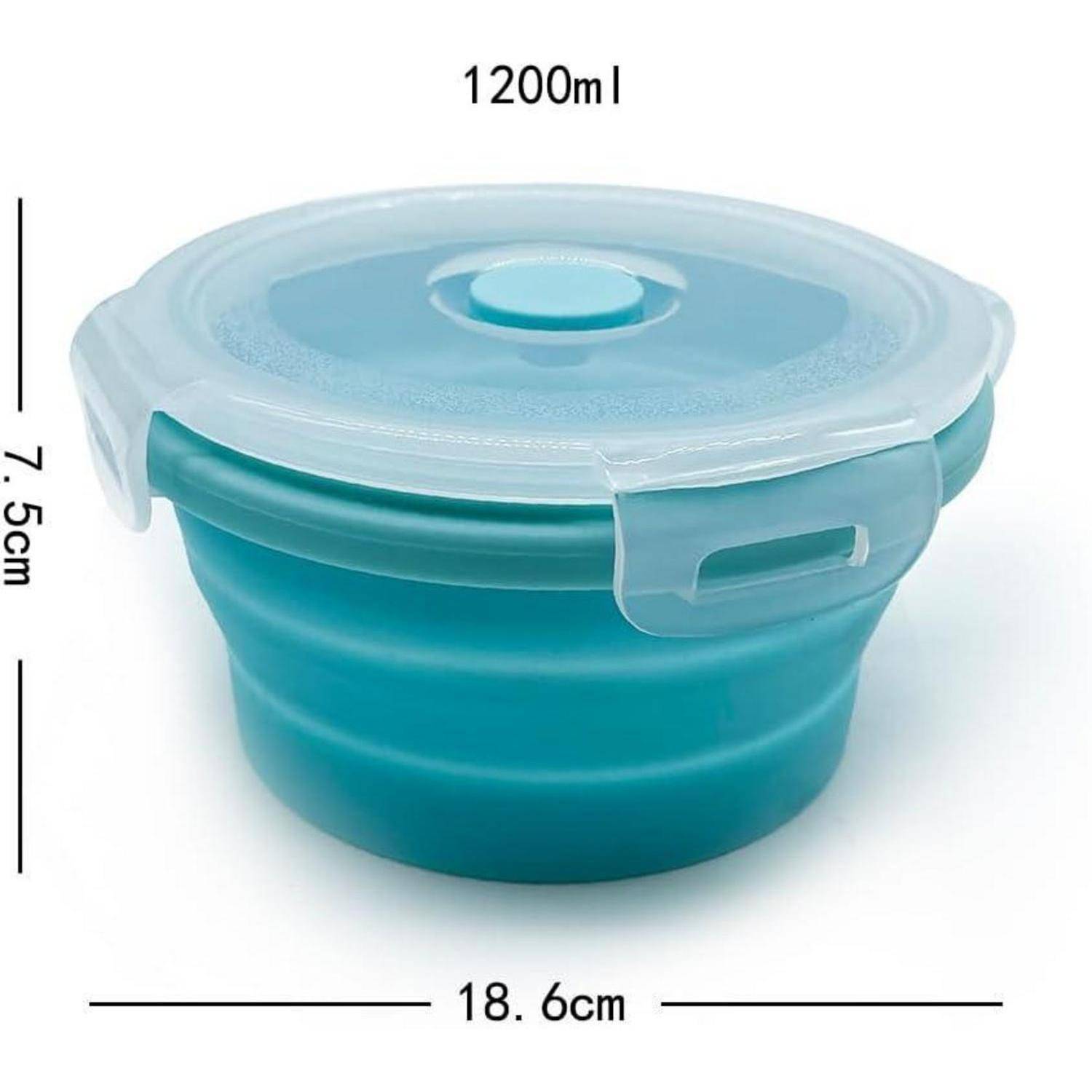 Zusammenklappbare petrolblaue Lebensmittelbehälter mit transparentem Deckel, mit '1200ml' markiert, Abmessungen 18,6 cm Durchmesser und 7,5 cm Höhe.