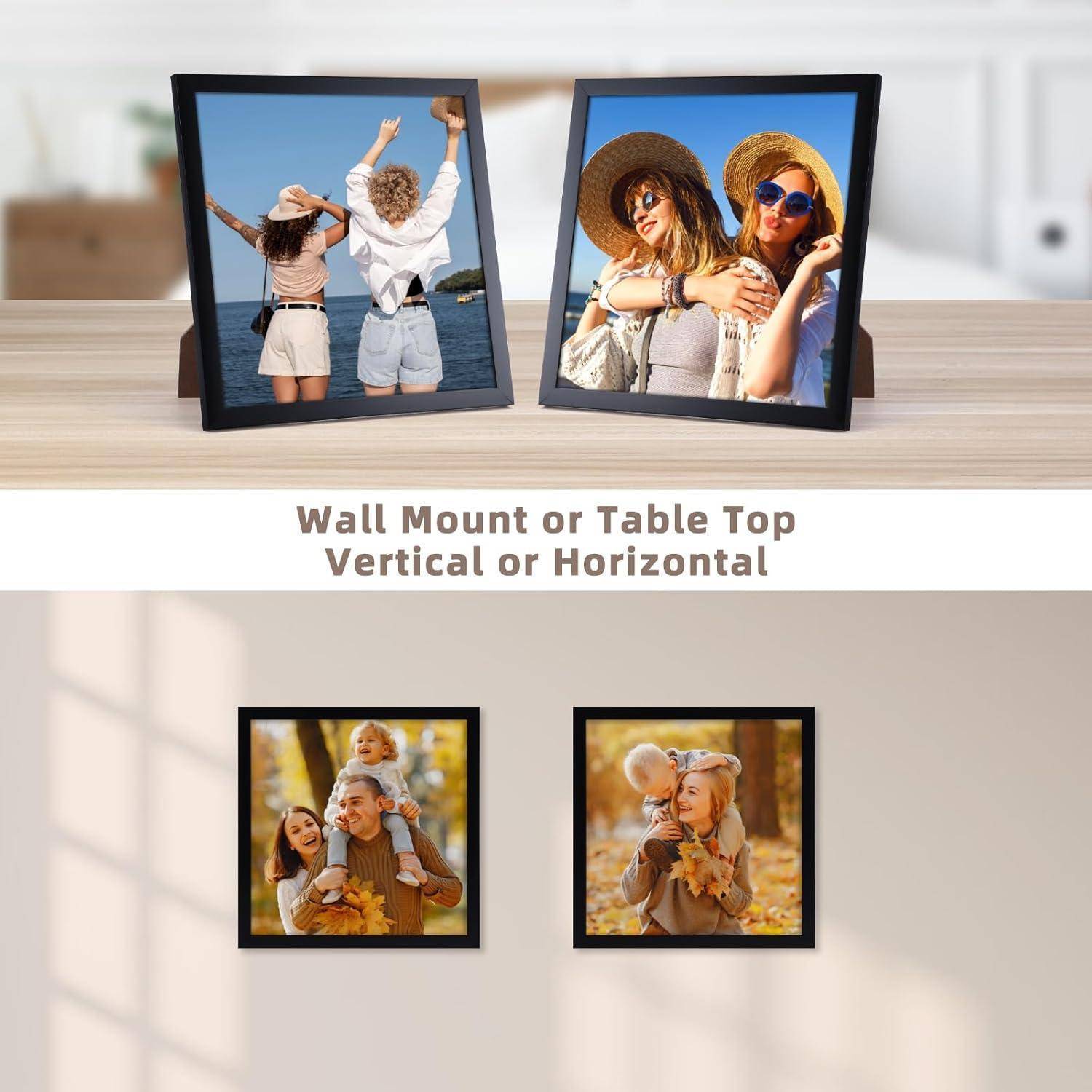 Bilderrahmen mit Fotos von Menschen auf einem Tisch. Text lautet: 'An der Wand montieren oder als Tischaufsteller - Vertical oder Horizontal'.