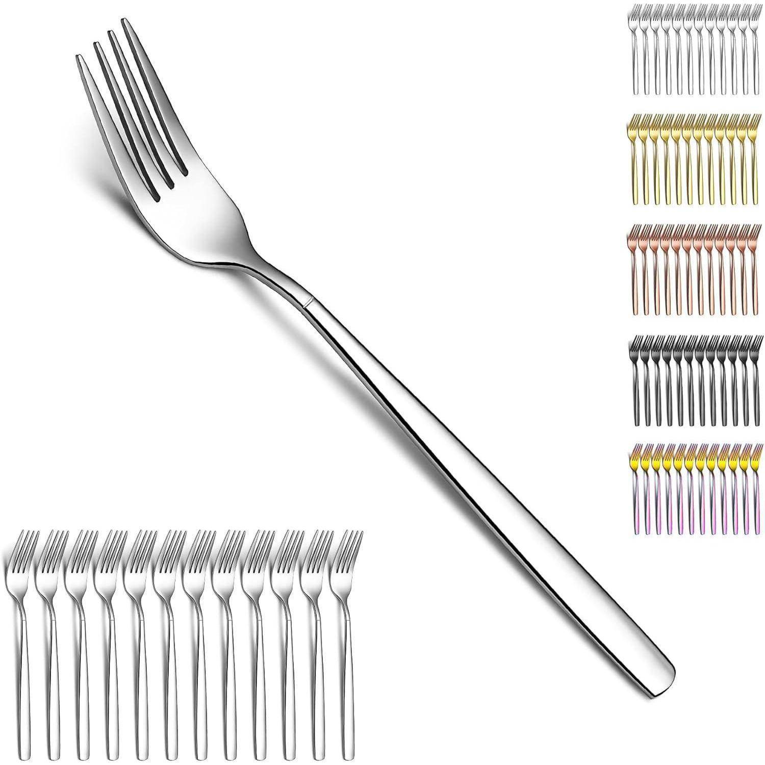 Eine glänzende silberne Gabel mit elegantem Design, groß in der Mitte gezeigt, umgeben von kleineren Bildern von Gabeln in verschiedenen Farben, wie Gold und Schwarz.