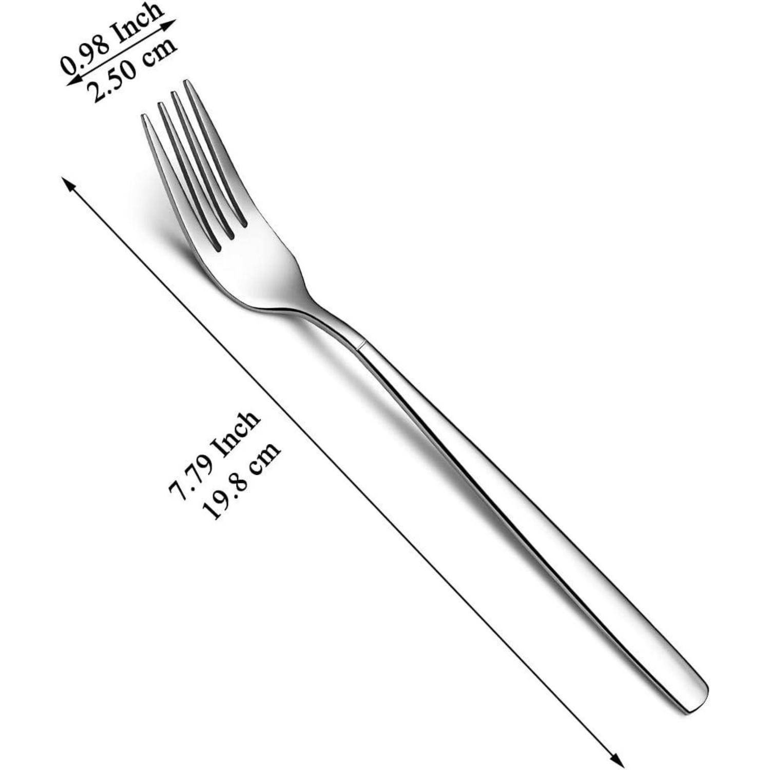 Eine silberne Gabel wird gezeigt mit beschrifteten Maßen: Länge 7,79 Zoll (19,8 cm), Breite 0,98 Zoll (2,5 cm).