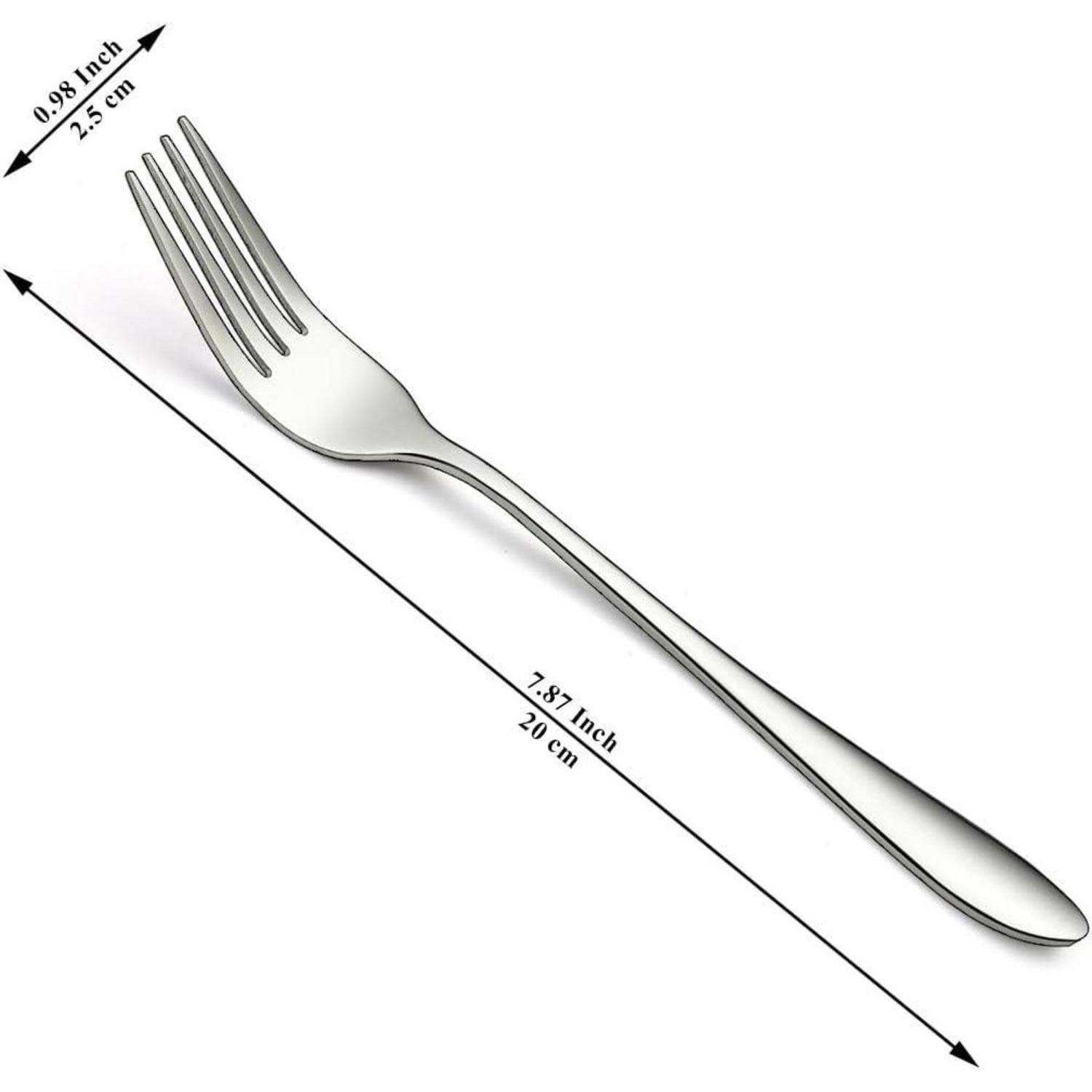 Eine silberne Gabel mit beschrifteten Abmessungen: 7,87 Zoll (20 cm) lang und 0,98 Zoll (2,5 cm) breit.