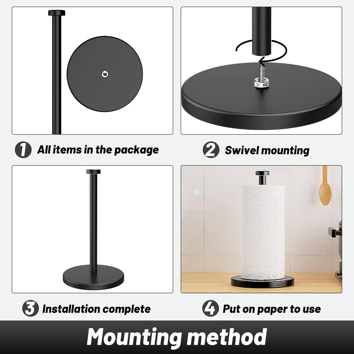 Befestigungsmethode' Schritte: 1) Alle Teile gezeigt. 2) Schwenkhalterung einrichten. 3) Installation abgeschlossen. 4) Papierrolle auf Halter platzieren.