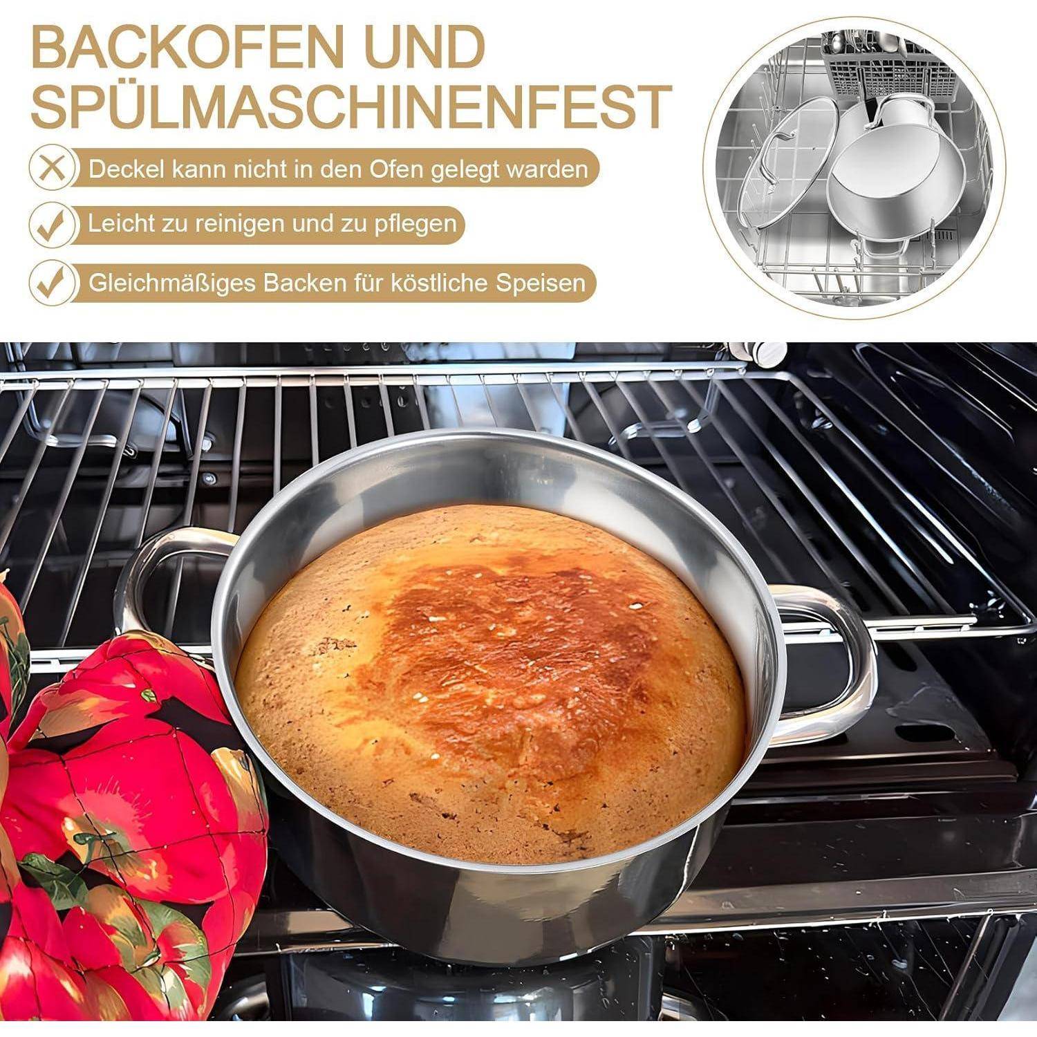 Oberes Bild hebt ofenfeste, geschirrspülmaschinenfeste Töpfe hervor. Das Hauptbild zeigt einen Topf mit gebackener Speise im Ofen, zusammen mit Ofenhandschuhen.