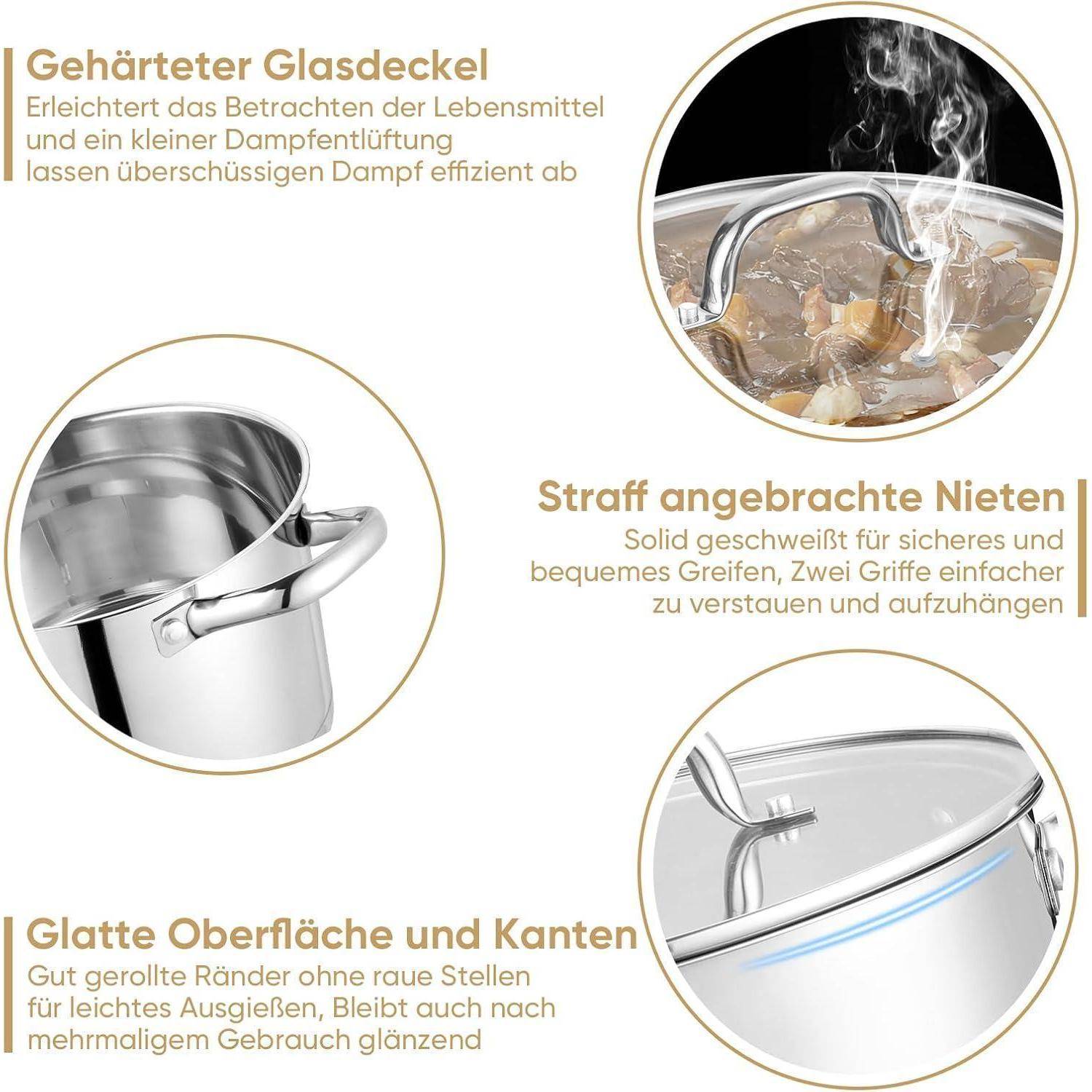 Eine Collage von drei Bildern hebt die Merkmale eines Kochtopfs hervor: effiziente Dampfableitung, sichere Nieten für einfaches Handling und glatte, abgerundete Kanten.