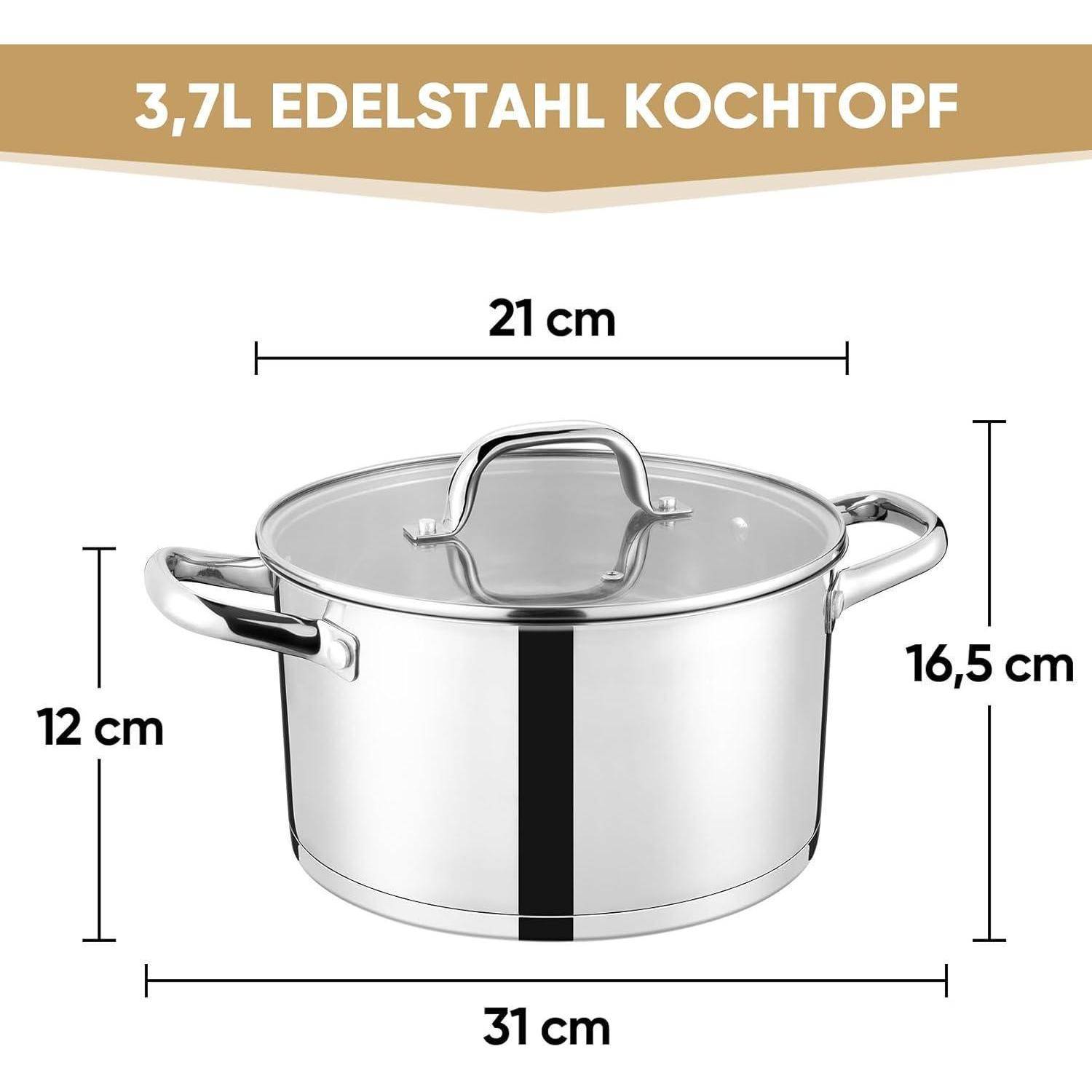 Ein Edelstahlkochtopf mit Deckel, 31 cm im Durchmesser, 21 cm in der Breite und 16,5 cm in der Höhe, mit der Aufschrift '3,7L Edelstahl Kochtopf'.