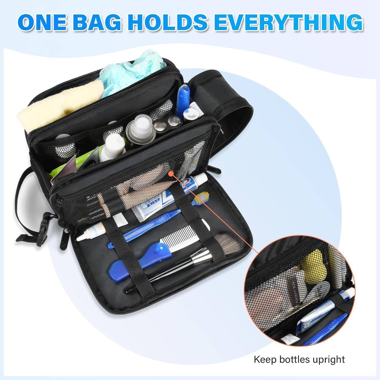Eine schwarze Kulturtasche ist geöffnet und zeigt übersichtlich angeordnete Fächer mit Flaschen, Kämmen, einer Zahnbürste und verschiedenen kleinen Gegenständen im Inneren. Der Text lautet: „Eine Tasche für alles