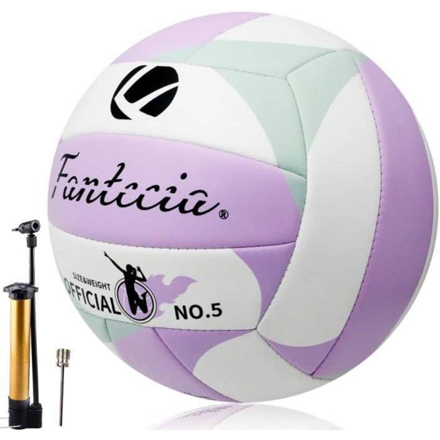 Ein Volleyball mit 'Fantccia'-Branding, Paneele in Pastellviolett und -grün, und dem Text 'OFFICIAL NO.5' neben einer kleinen Pumpe und einer Nadel.