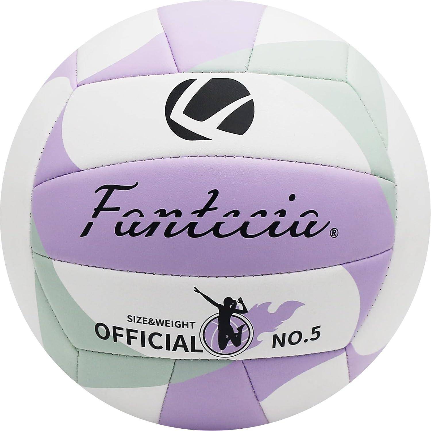 Ein mehrfarbiger Volleyball mit 'Fantecia', 'Official No.5' und einem Logo darauf gedruckt.