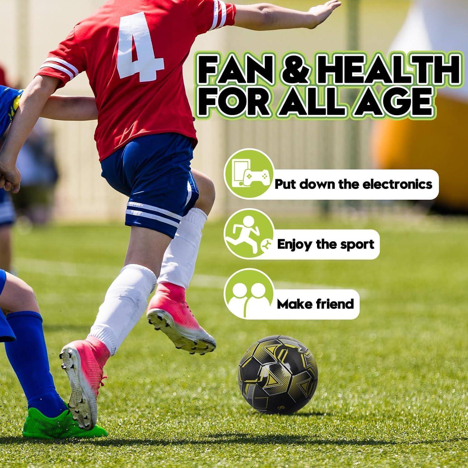 Zwei Kinder spielen Fußball auf einem Feld. Text lautet: 'Fans & Gesundheit für alle Altersgruppen' gefolgt von 'Lege die elektronischen Geräte weg, Genieße den Sport, Schließe Freundschaften'.