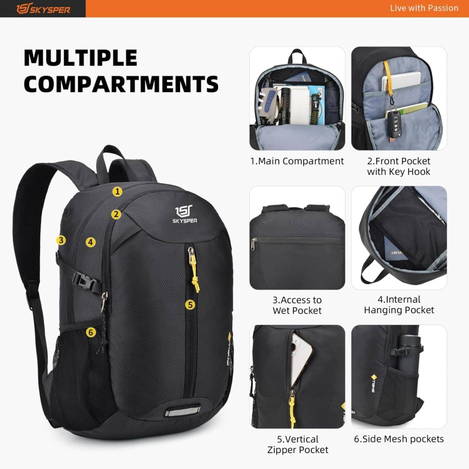 Schwarzer Rucksack mit gelben Reißverschlüssen. Mehrere Fächer umfassen Hauptfach, Vordertasche, Zugang zur Nasstasche, innenliegende Hängetasche, vertikale Reißverschlusstasche, seitliche Netztaschen.