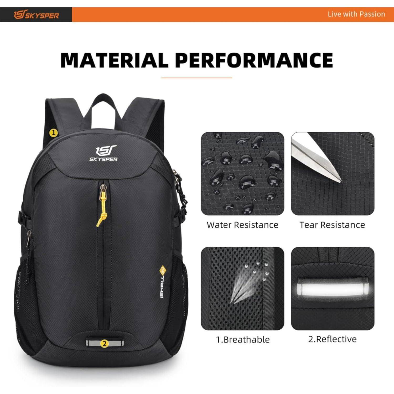 Ein schwarzer Rucksack mit der Markenaufschrift 'SKYSPER' wird gezeigt, mit Icons, die seine Eigenschaften hervorheben: Wasserresistenz, Reißfestigkeit, Atmungsaktivität und Reflektivität.