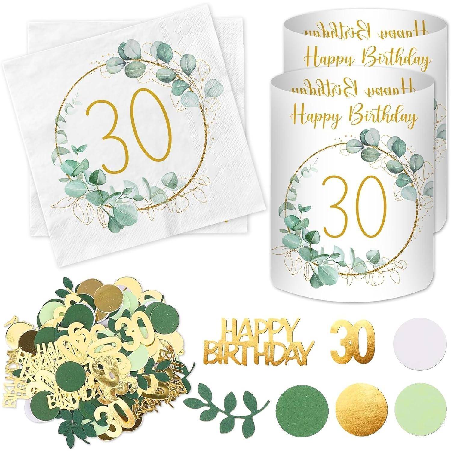 Partydekoration zum '30. Geburtstag' inklusive Servietten, Bechern, Konfetti und Ausschnitten mit goldenen Zahlen und grünen Blättern.