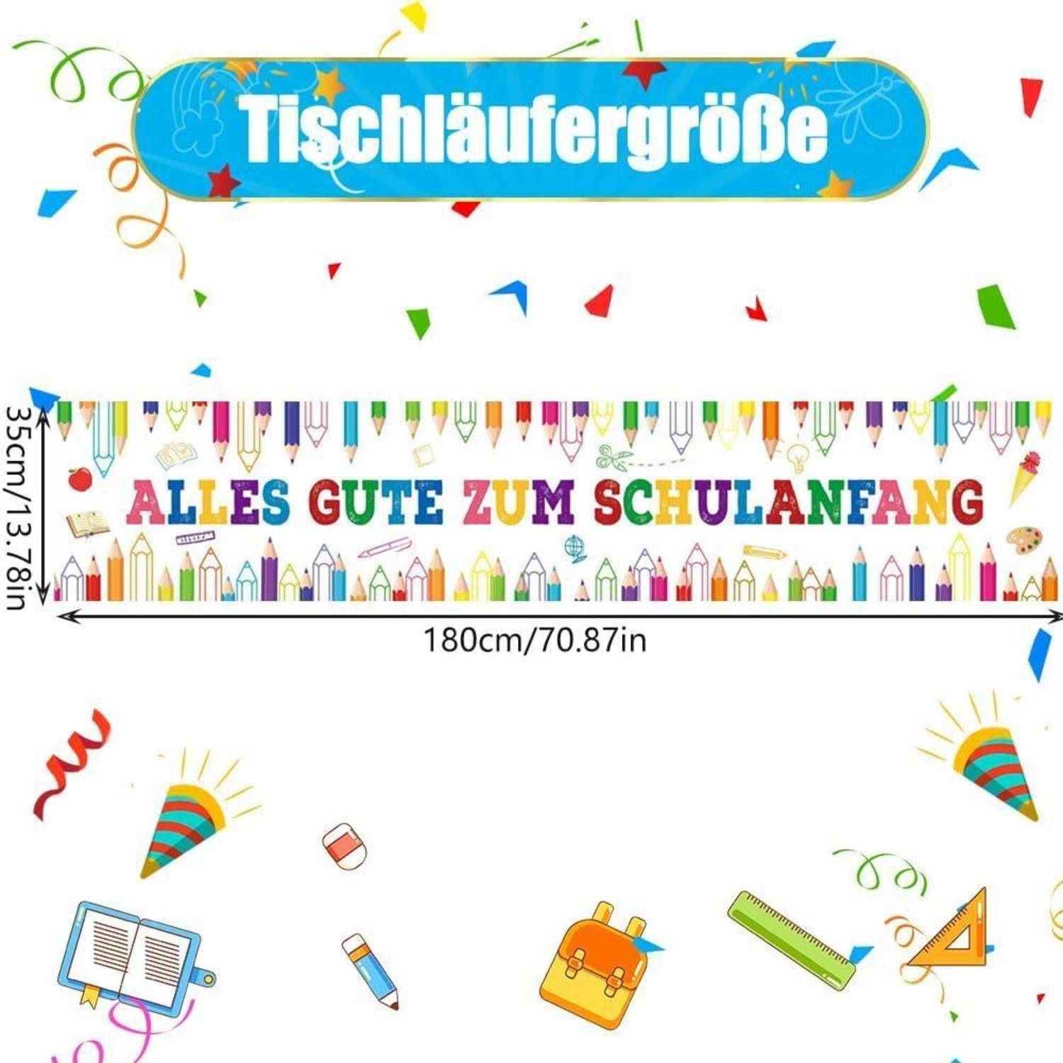 Tischläufer mit der Aufschrift 'Alles Gute zum Schulanfang', verziert mit bunten Stiften und Schul-Grafiken, misst 180 cm x 35 cm.