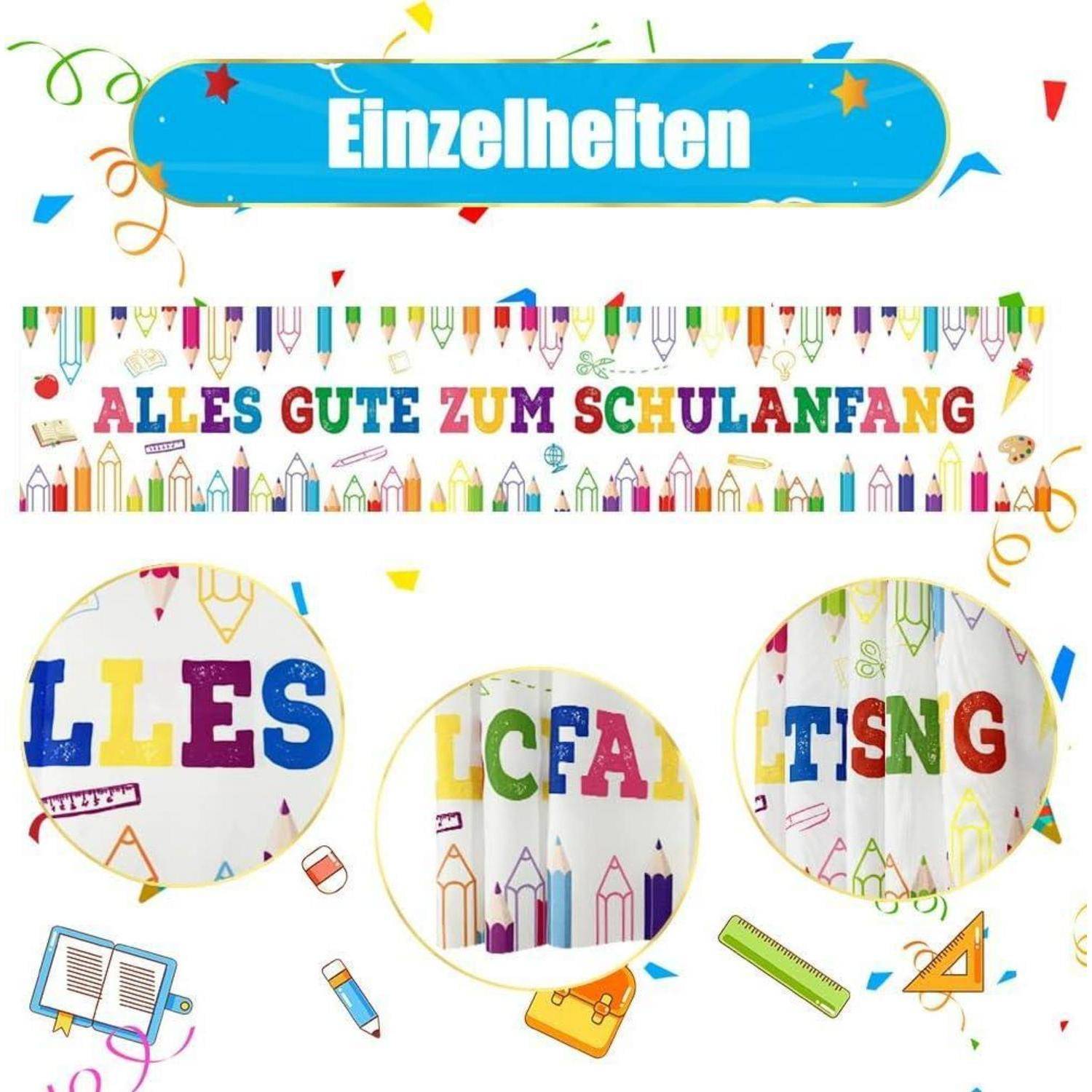 Banner mit dem Text 'Details' und 'ALLES GUTE ZUM SCHULSTART' in bunten Buchstaben, umgeben von schulbezogenen Symbolen.