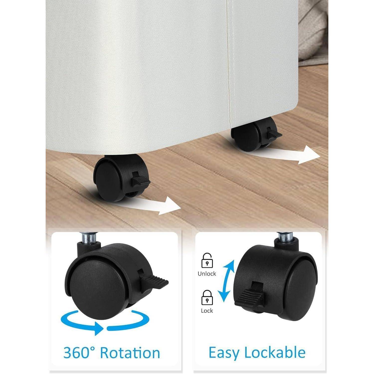 Das Bild zeigt Schwenkrollen an einem weißen Schrank und hebt die Funktionen '360° Rotation' und 'einfache Verriegelung' hervor, wobei Pfeile die Bewegung andeuten.