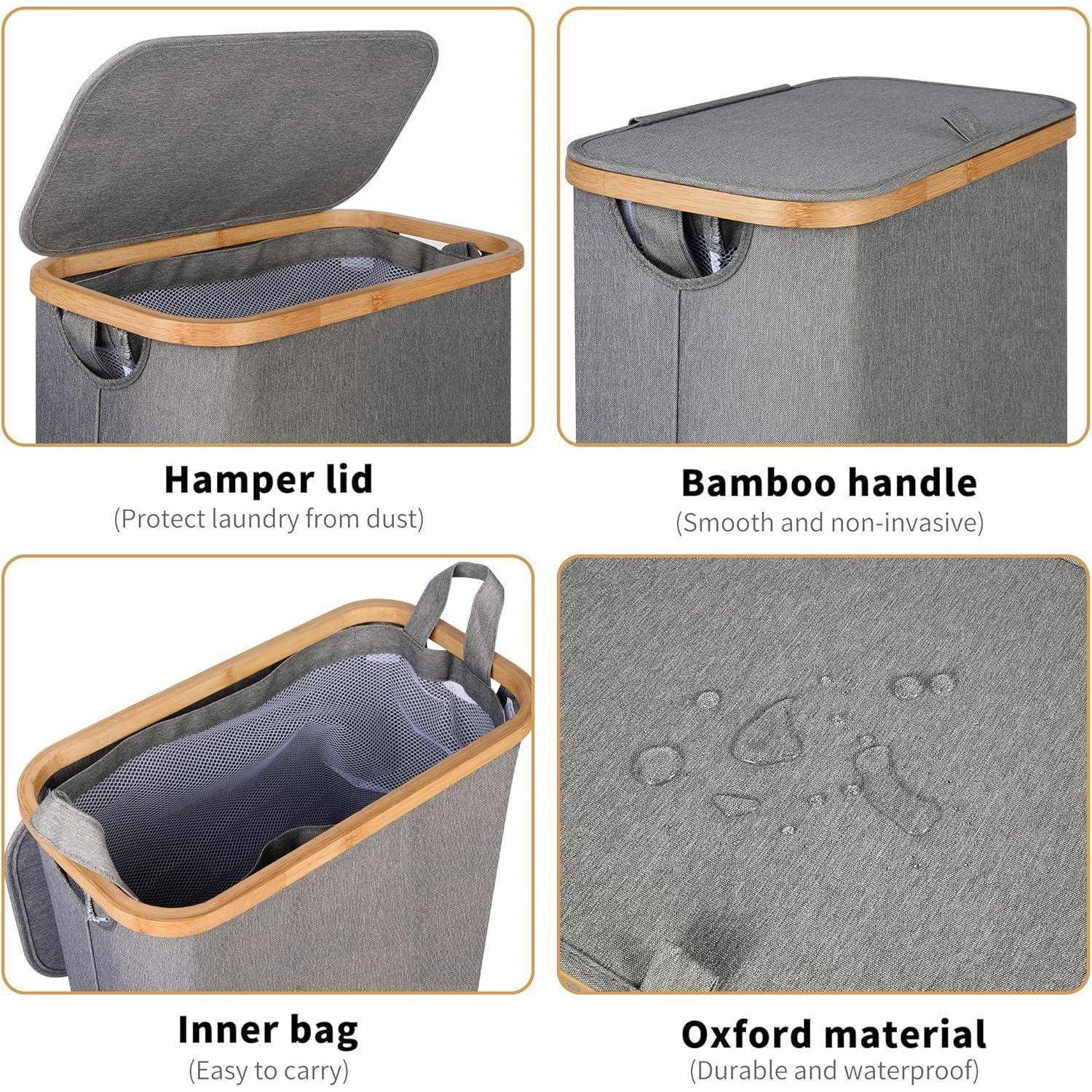 Deckel des Wäschekorbs schützt die Wäsche; Bambusgriff ist glatt; Innentasche ist leicht zu tragen; Oxford-Material ist strapazierfähig und wasserdicht.