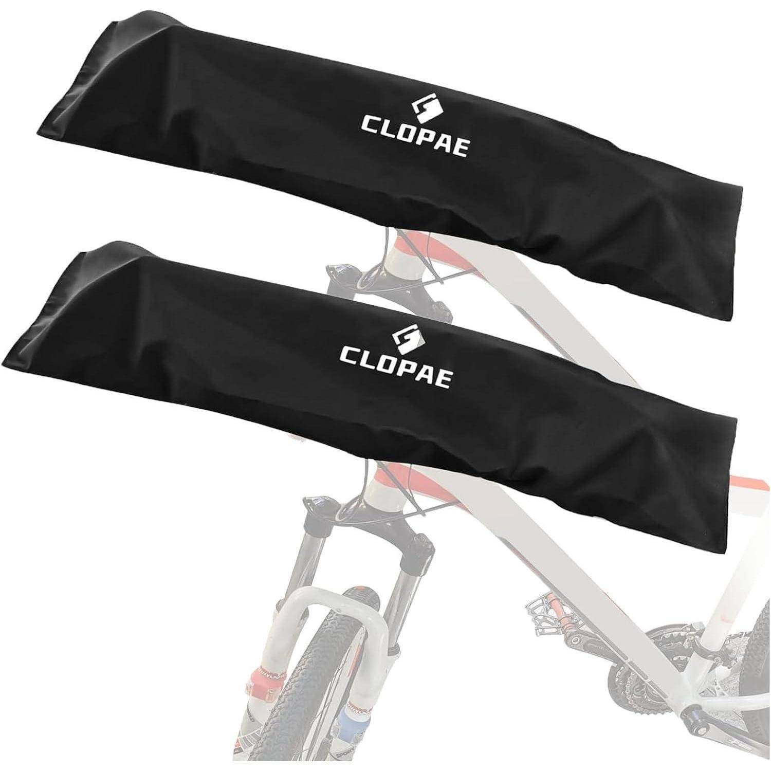 Zwei schwarze Schutzabdeckungen mit dem Logo 'CLOPAE' werden zur Verwendung an Fahrradgabeln präsentiert.