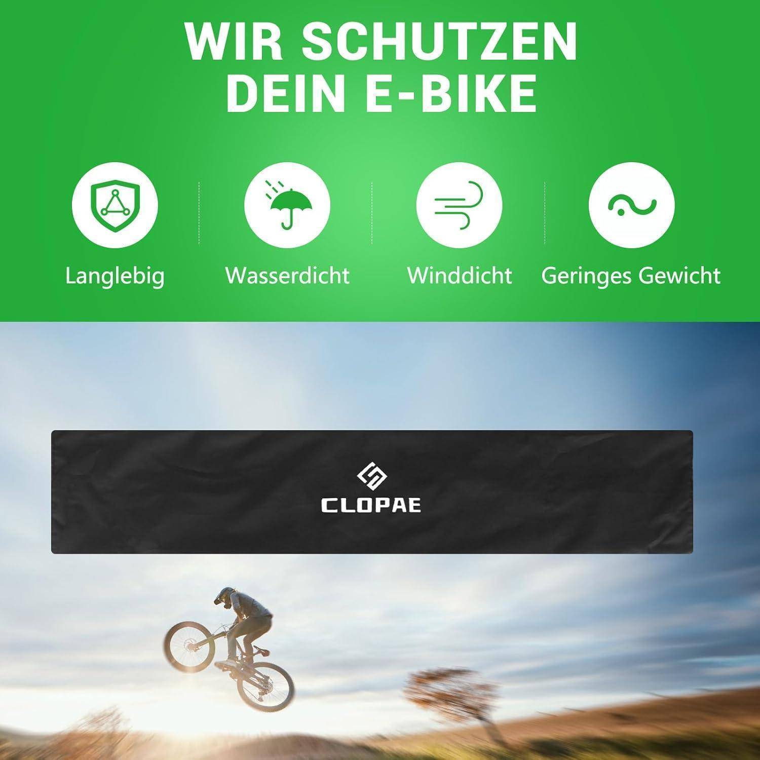 E-Bike-Schutzhülle von Clopae; Eigenschaften: strapazierfähig, wasserdicht, windbeständig, leichtgewichtig. Bild eines Radfahrers, der einen Sprung ausführt.