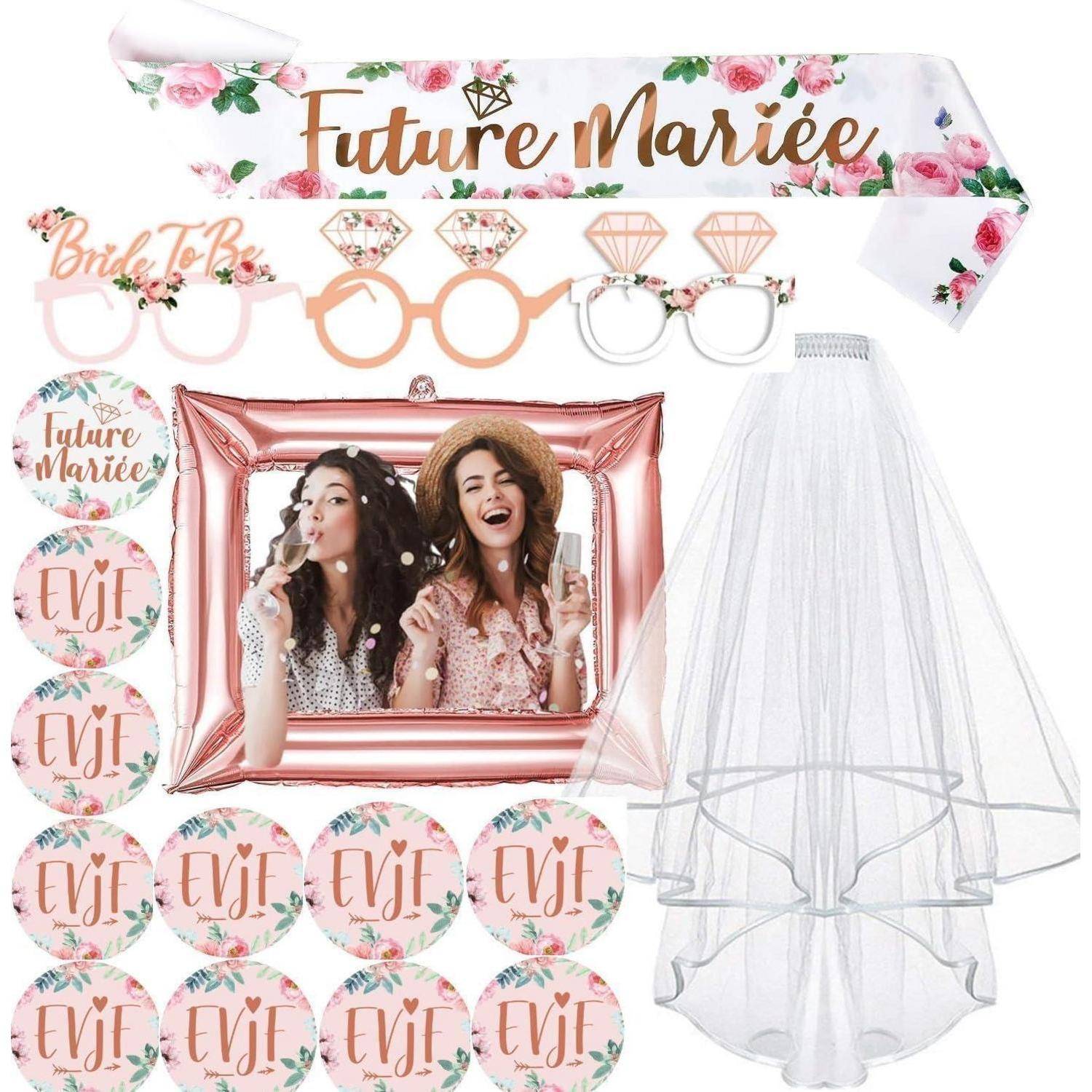 Brautparty-Set mit Schärpe, Gläsern, Schleier und Fotorequisiten mit den Motiven 'Future Mariée' und 'Bride To Be' in Roségold und Blumendesign.