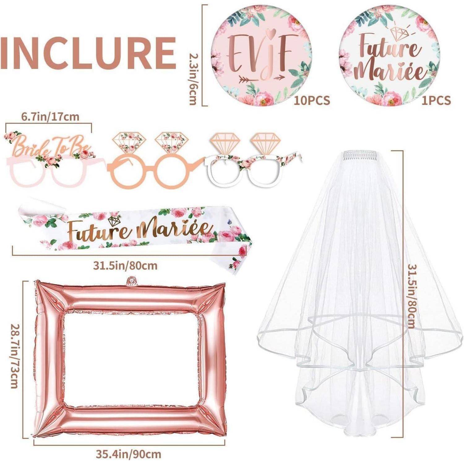 Inclure' Hochzeitsfeier-Set mit blumenmotivischen Accessoires: Anstecker, Schärpen, Schleier und Fotorequisiten für Junggesellinnenabschiede.